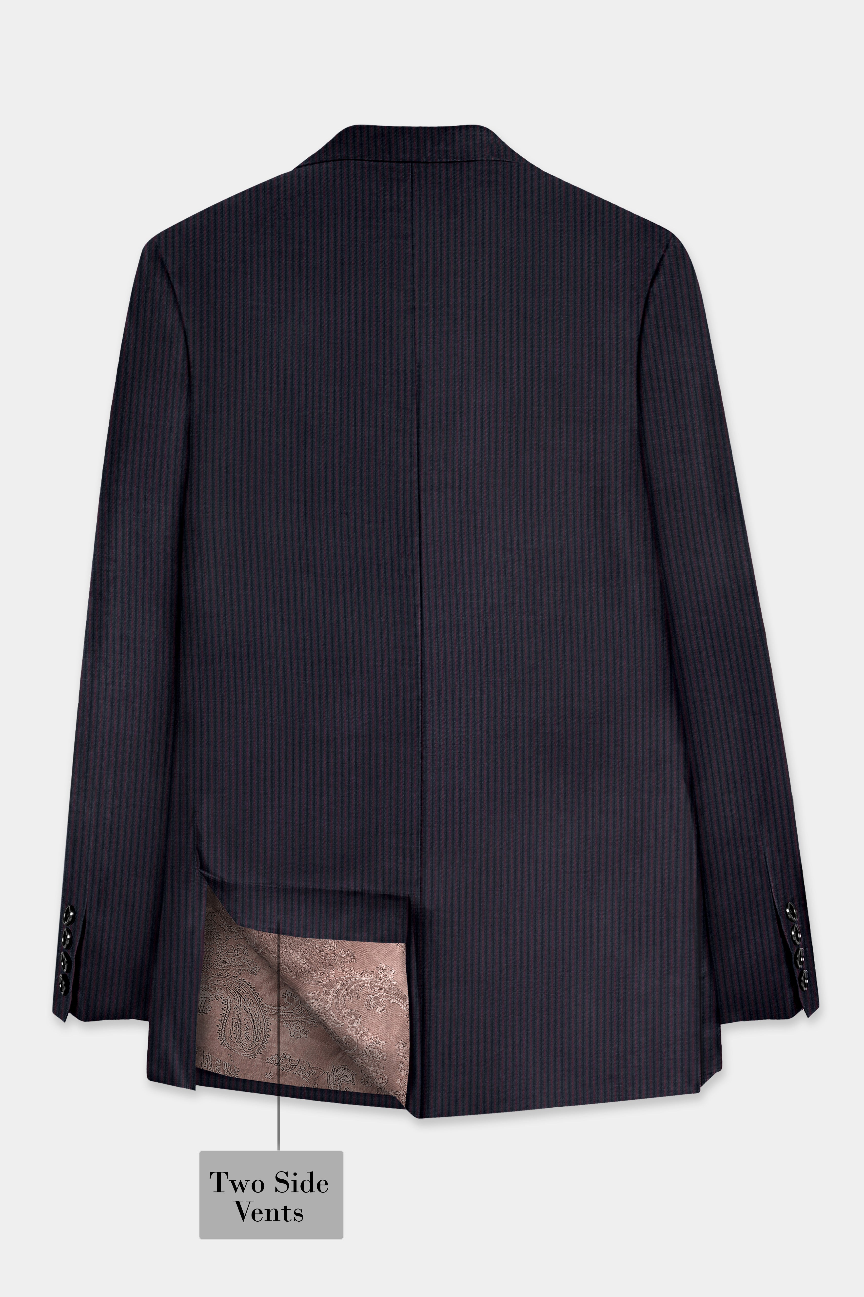 Ebony Clay Blue with Wine Berry Striped Wool Blend Double Breasted Suit