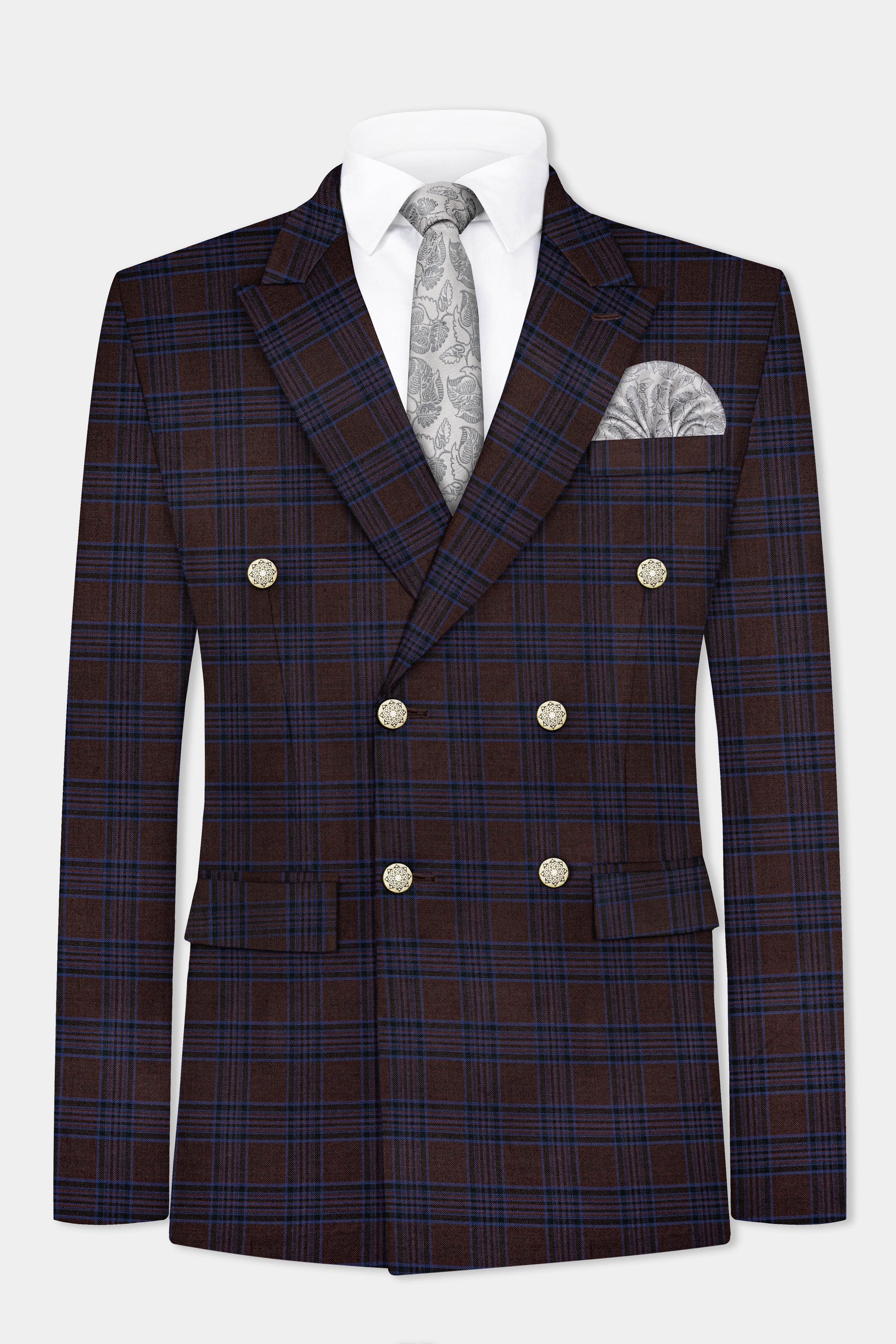 Bistre Brown with Nile Blue Plaid Wool Blend Double Breasted Suit