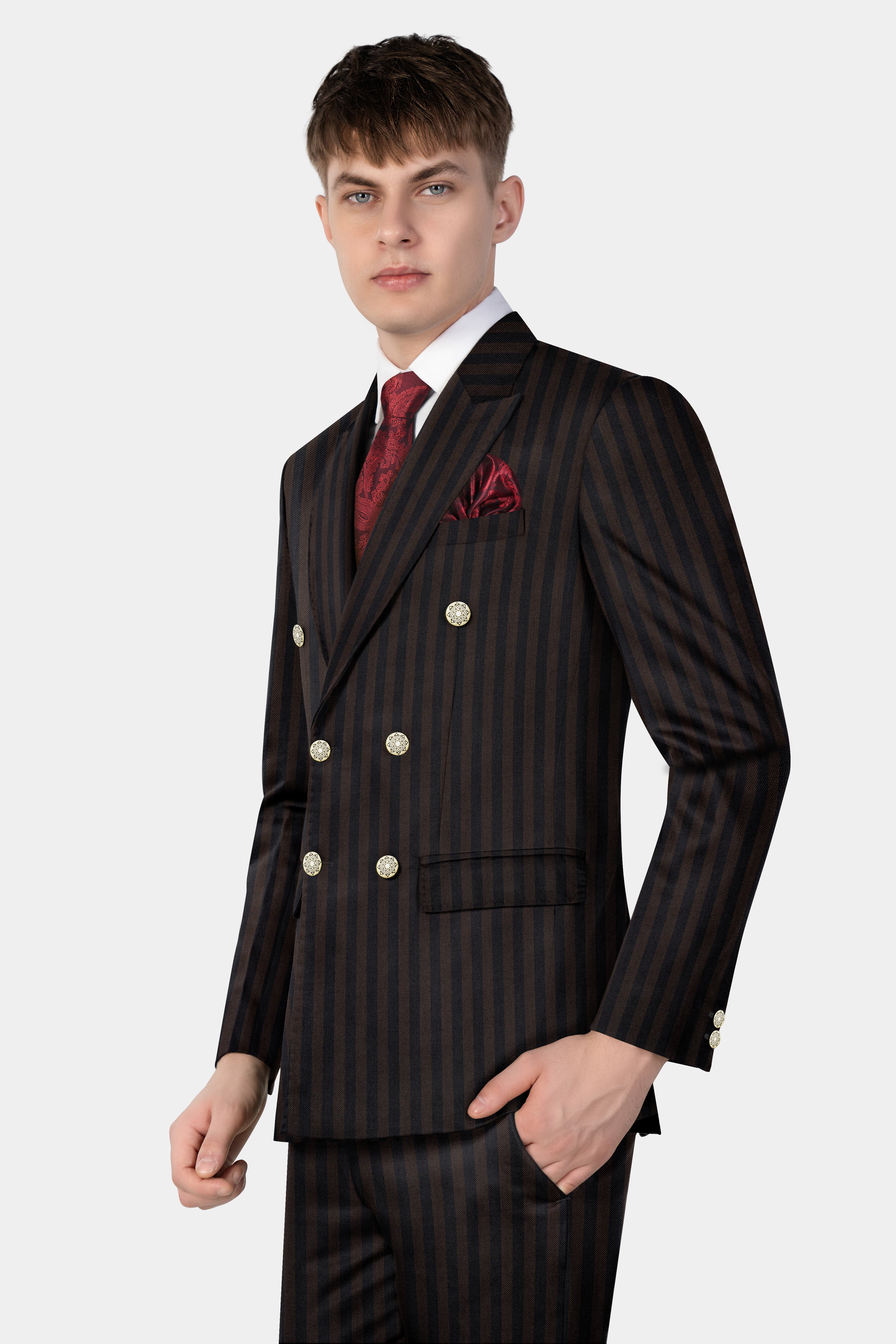 Eternity Brown With Vulcan Black Striped Wool Blend Double Breasted Suit