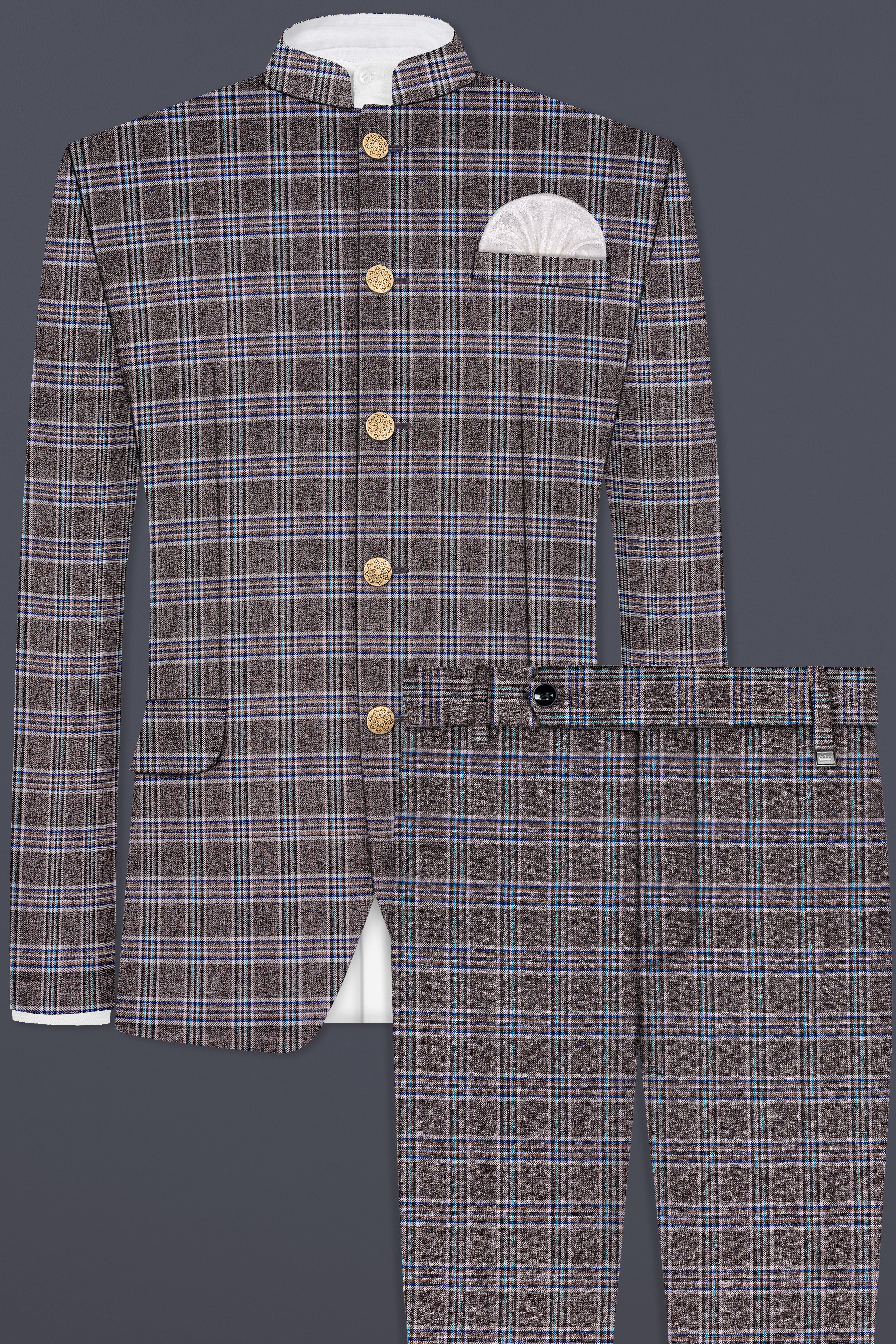 Ironside Grey Plaid Wool Blend Bandhgala Suit