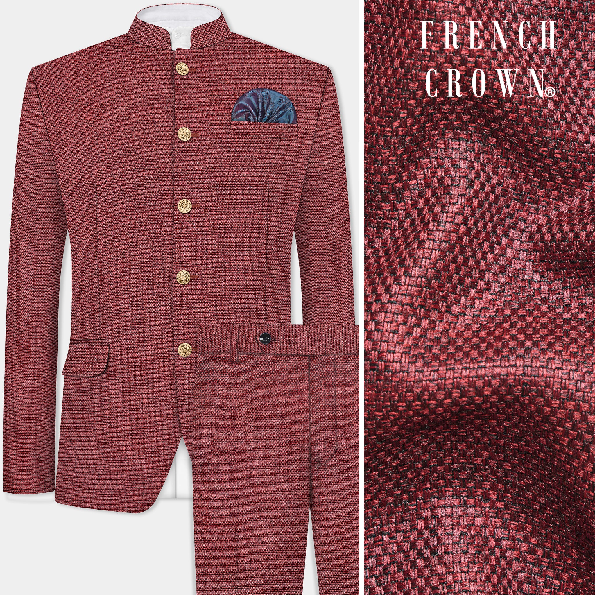 Merlot Red Textured Premium Polyester Bandhgala/Jodhpuri Suit for Men.
