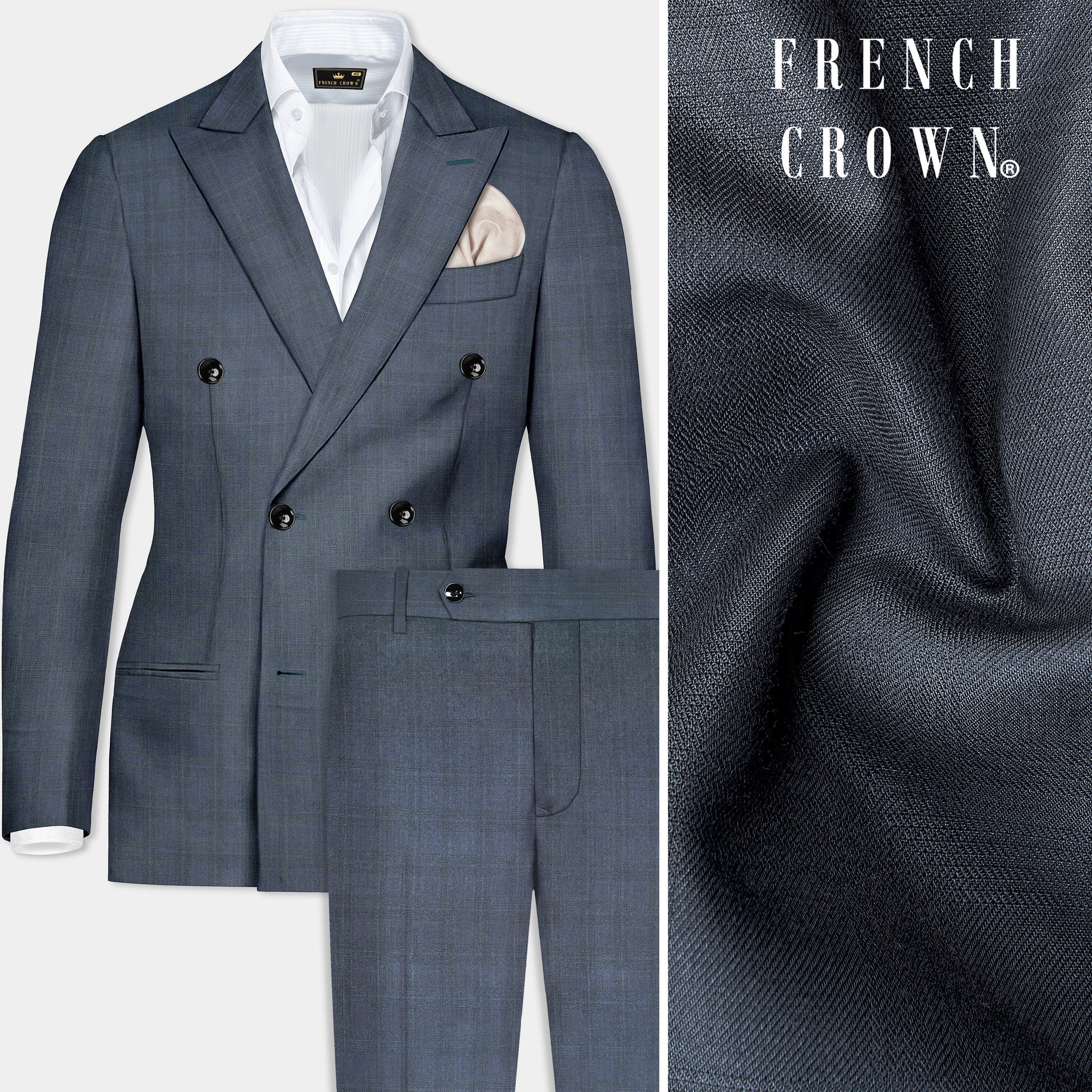 Space Green Textured Premium Wool Blend Double Breasted Suit For Men.