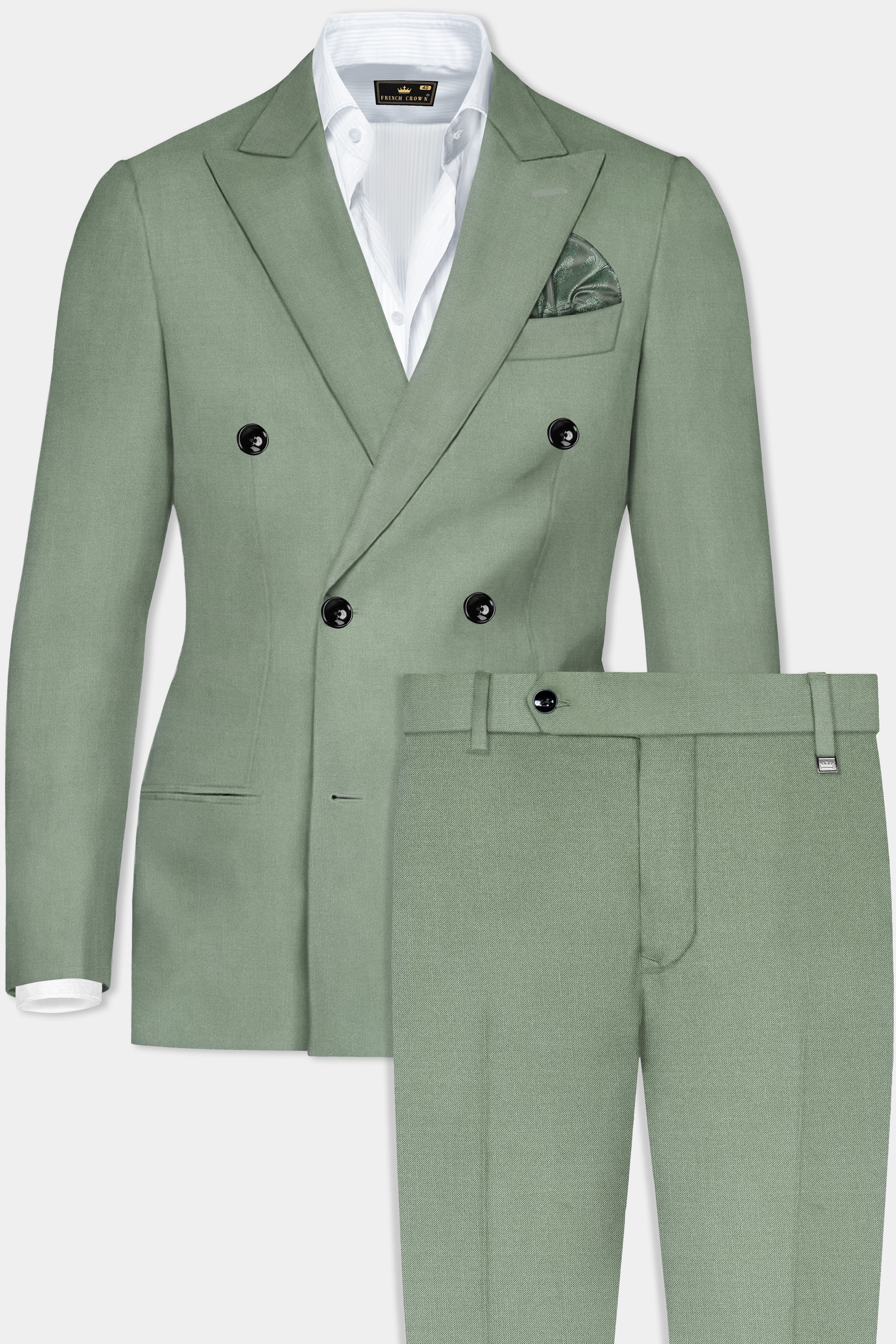 Spanish Green Solid Wool Rich Double Breasted Slight Stretch Suit