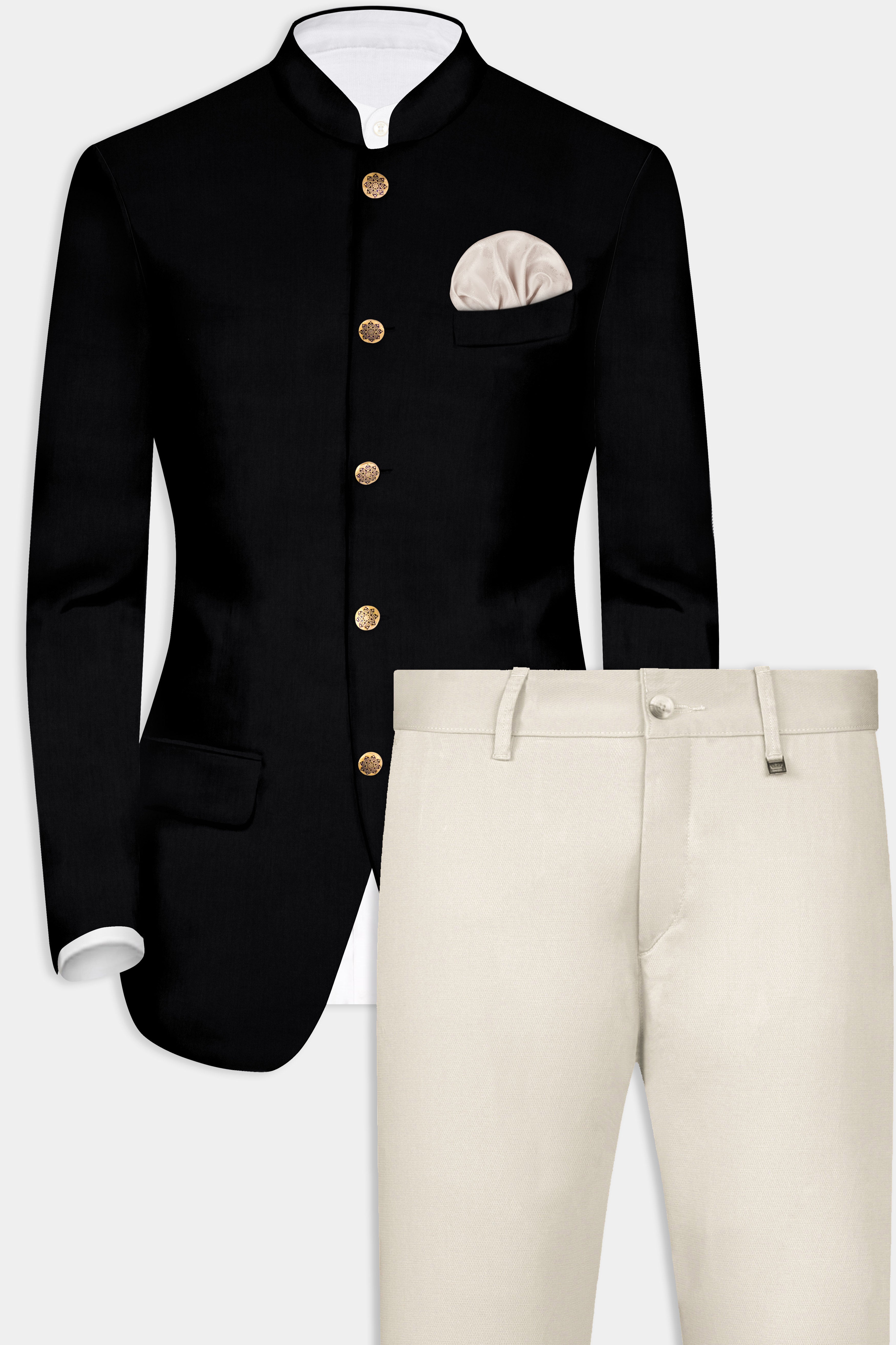 Jade Black Solid Wool Rich Bandhgala Blazer With Mercury Cream Chinos Pant