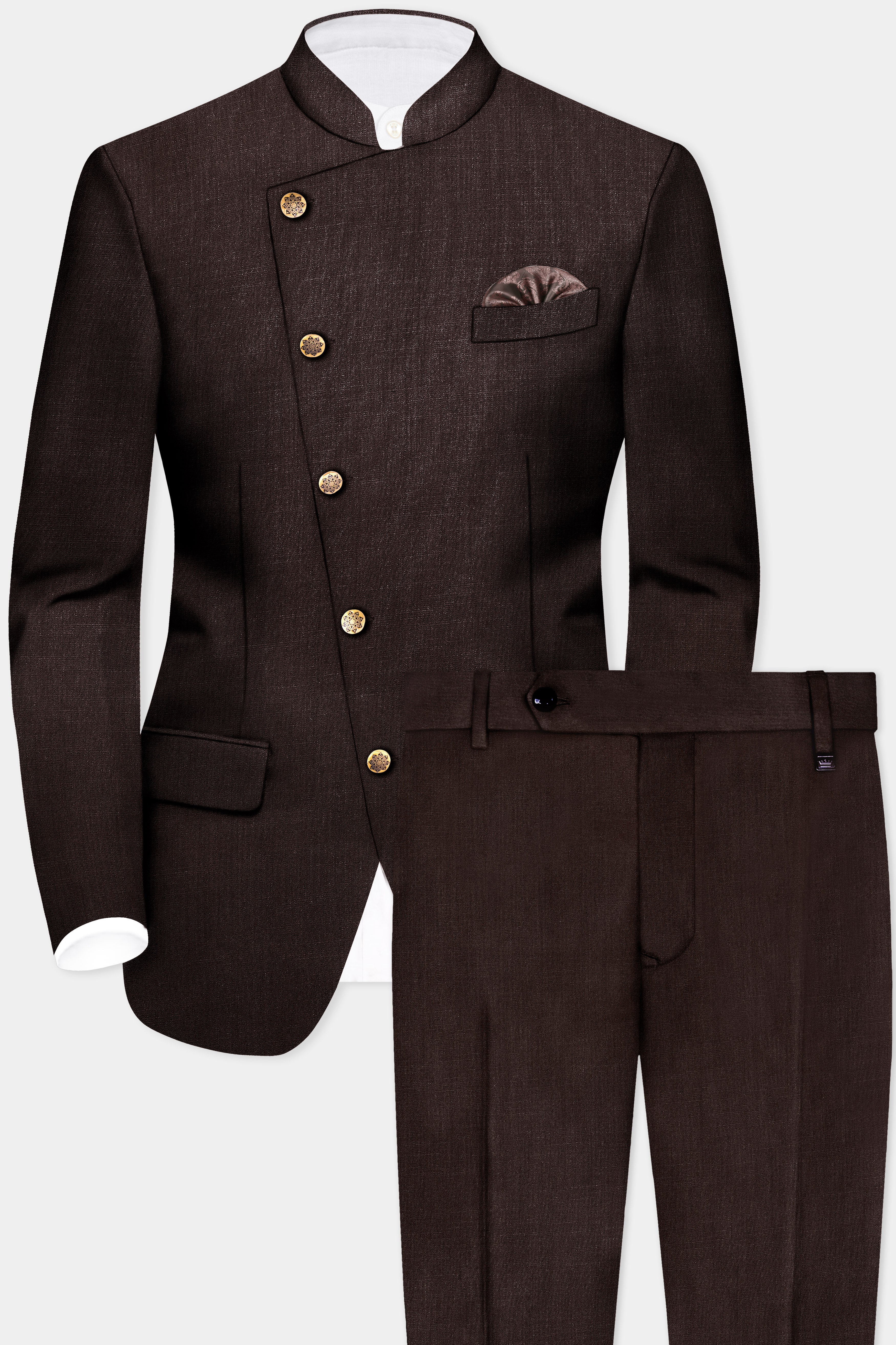 Espresso-Hickory Brown Solid Wool Rich Cross Placket Bandhgala Slight Stretch Suit