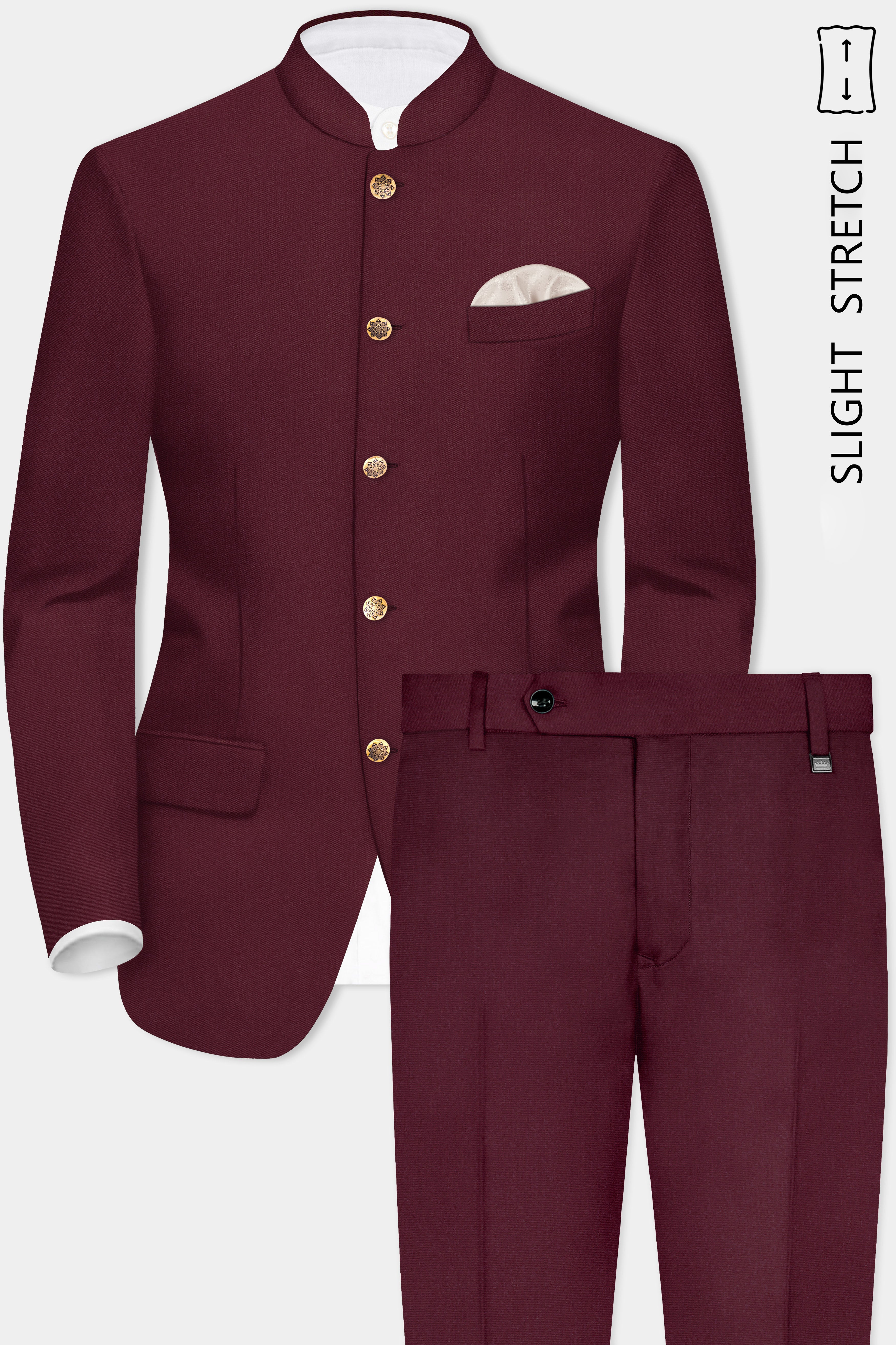 Merlot-Wine Berry Solid Wool Rich Bandhgala Slight Stretch Suit