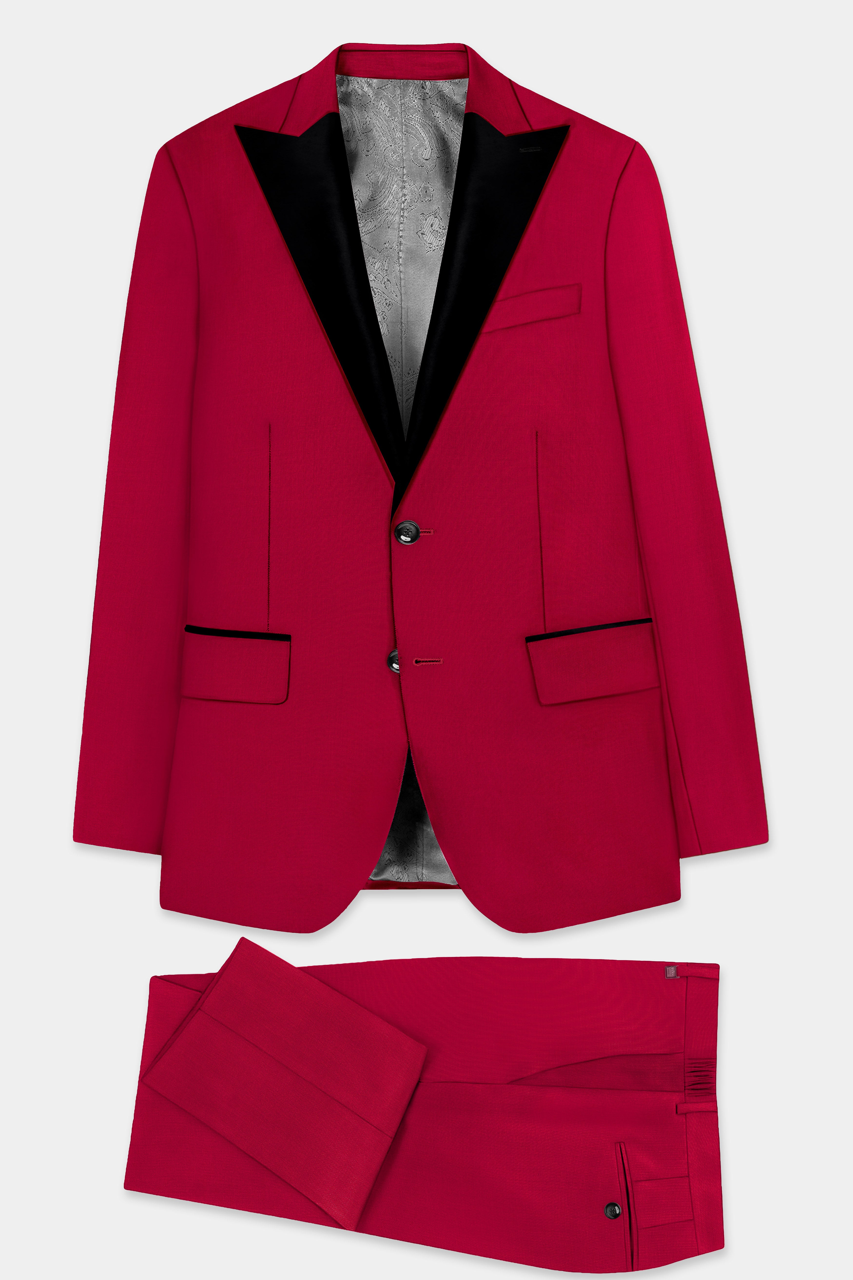 Vermilion-Chili Red Solid Wool Rich Peak Lapel Tuxedo Slight Stretch Suit
