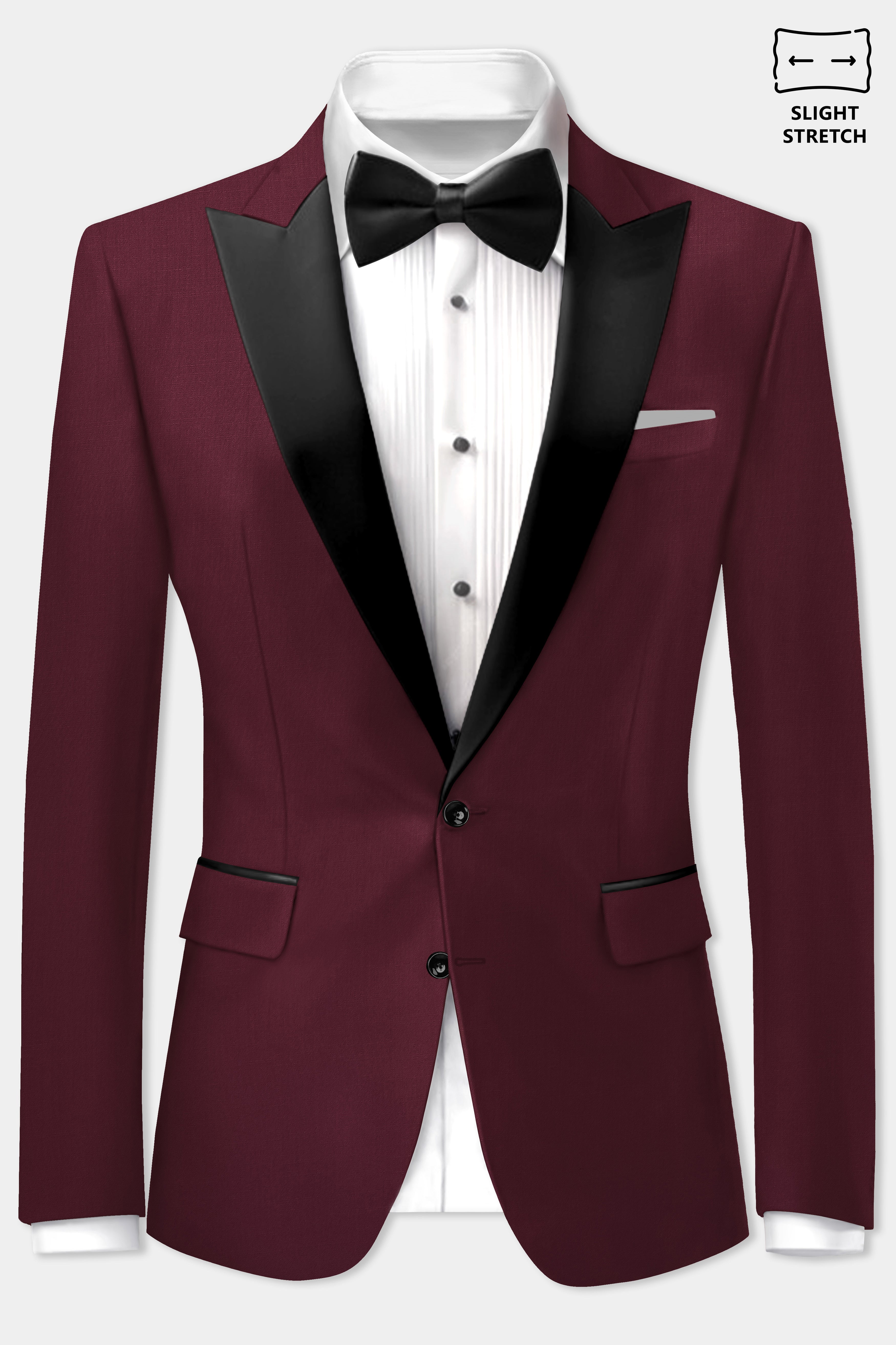 Merlot-Wine Berry Solid Wool Rich Peak Lapel Tuxedo Slight Stretch Suit
