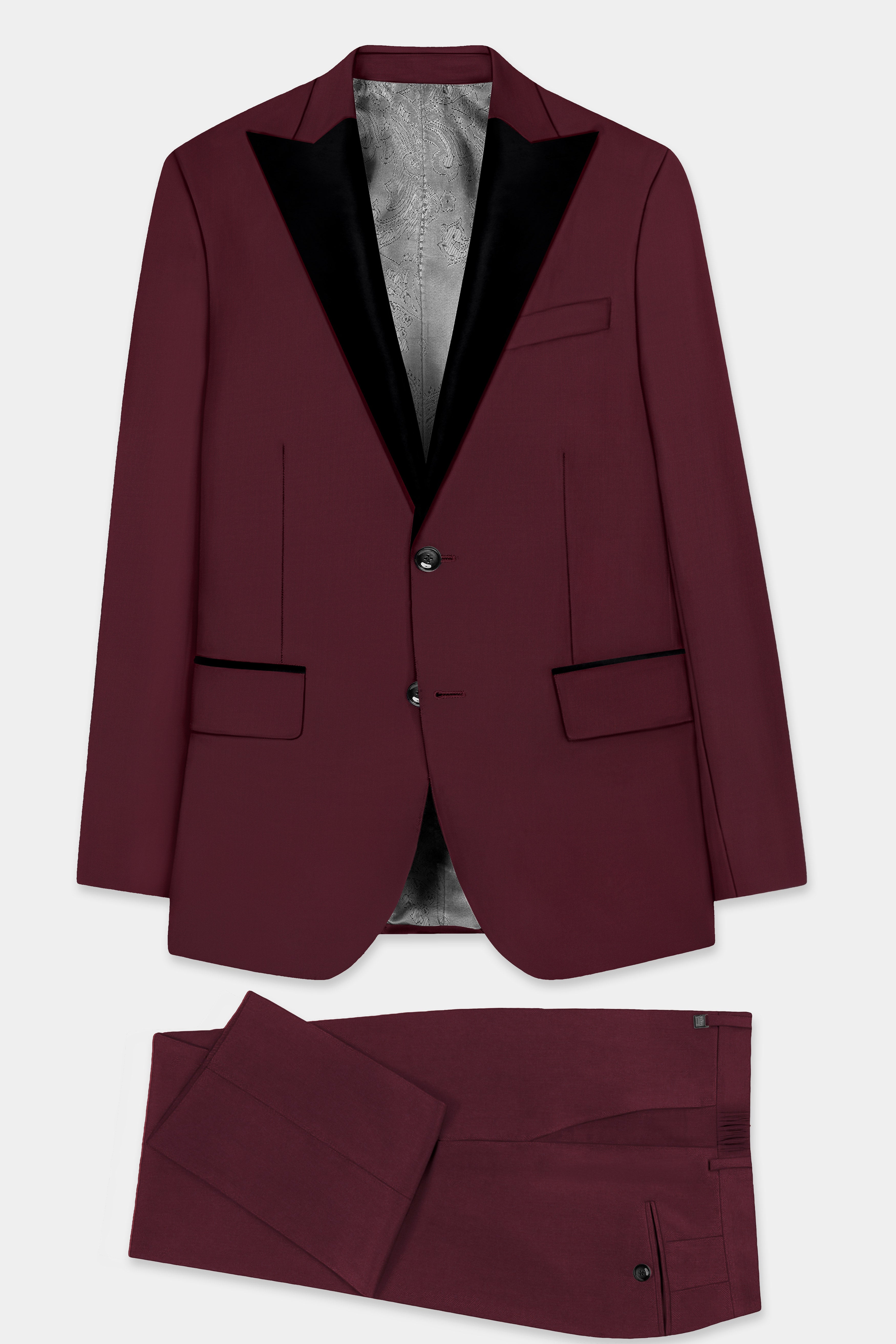 Merlot-Wine Berry Solid Wool Rich Peak Lapel Tuxedo Slight Stretch Suit