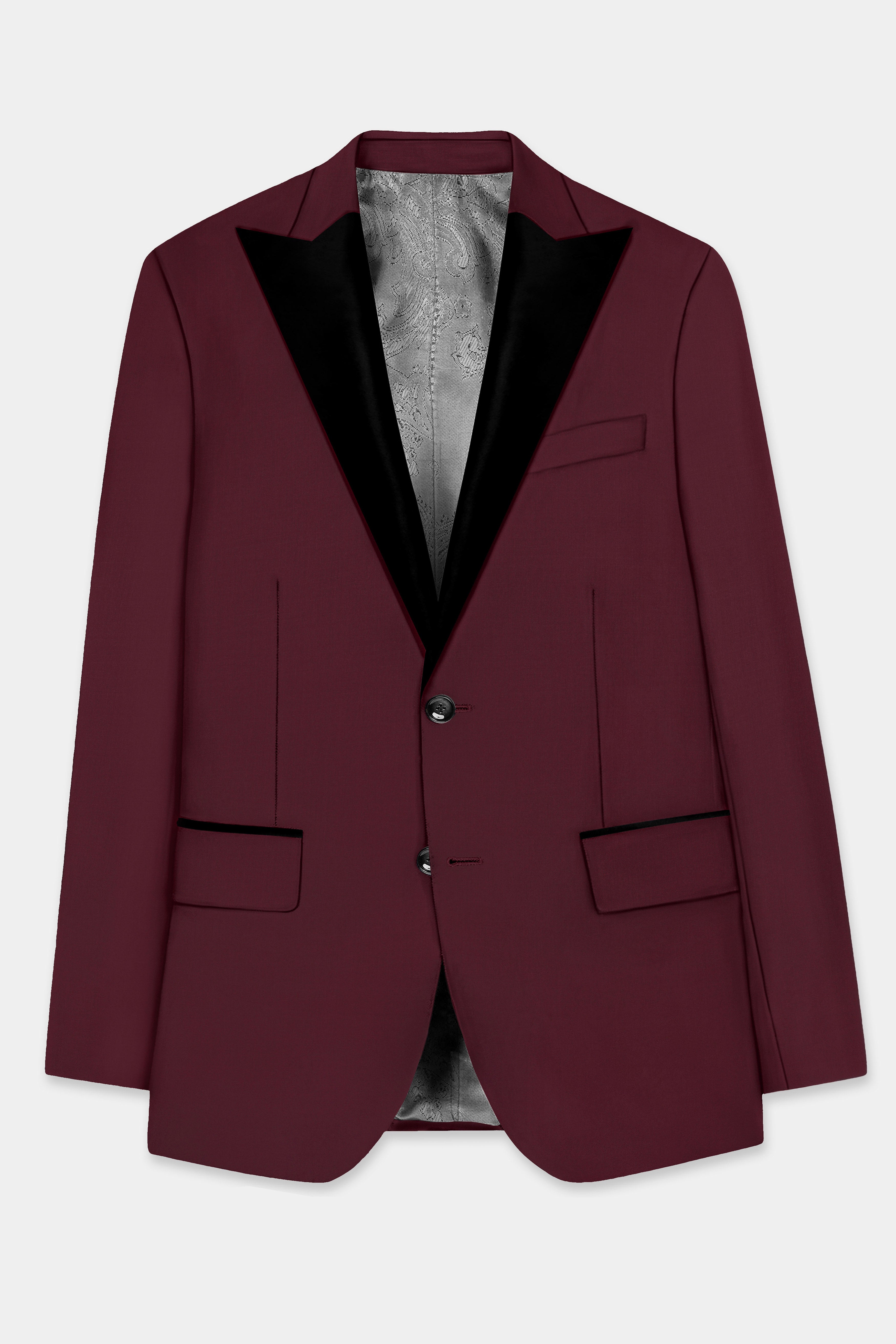 Merlot-Wine Berry Solid Wool Rich Peak Lapel Tuxedo Slight Stretch Suit