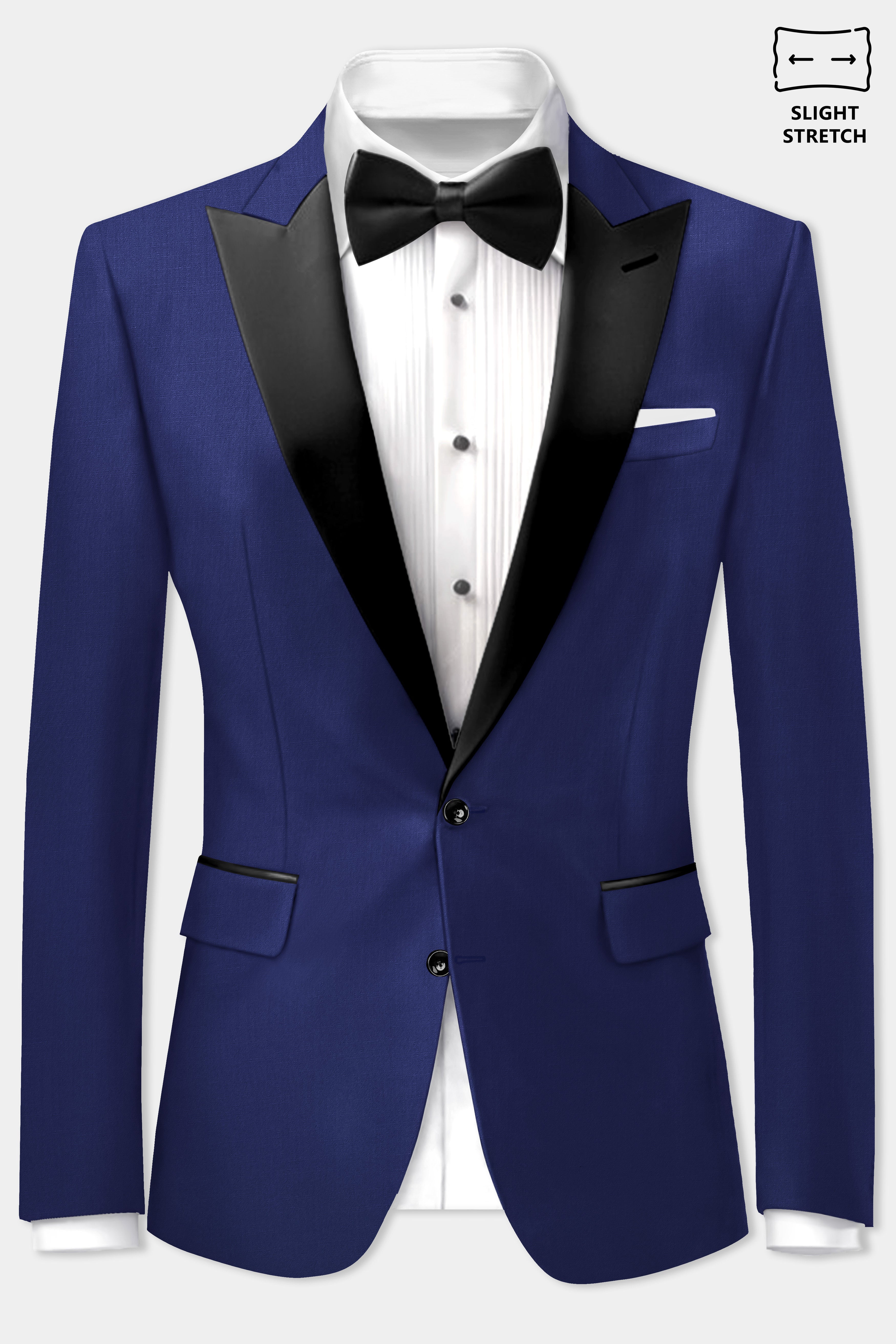 Celestia- Blue Solid Wool Rich Peak Lapel Tuxedo Slight Stretch Suit