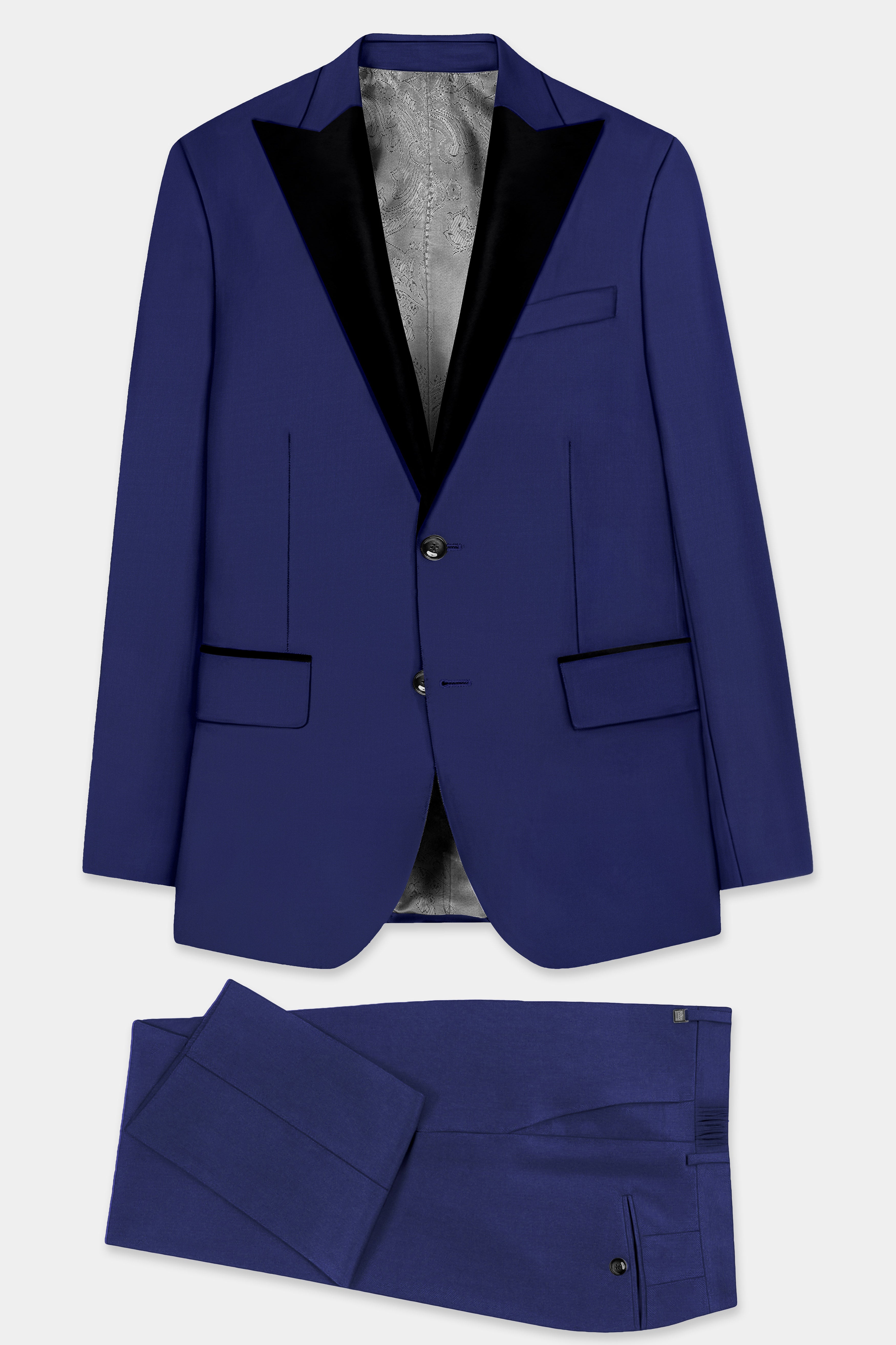 Celestia- Blue Solid Wool Rich Peak Lapel Tuxedo Slight Stretch Suit