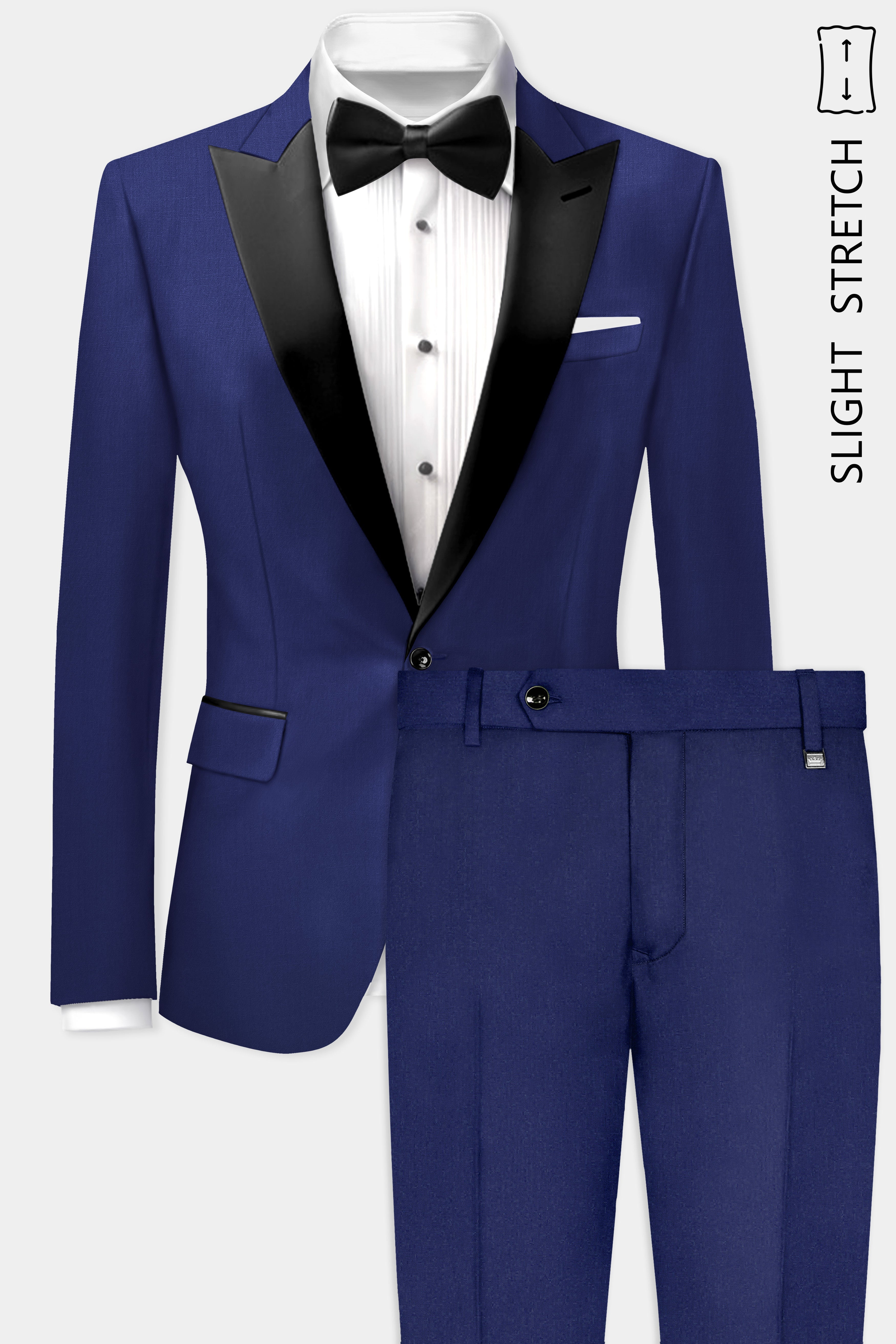 Celestia- Blue Solid Wool Rich Peak Lapel Tuxedo Slight Stretch Suit