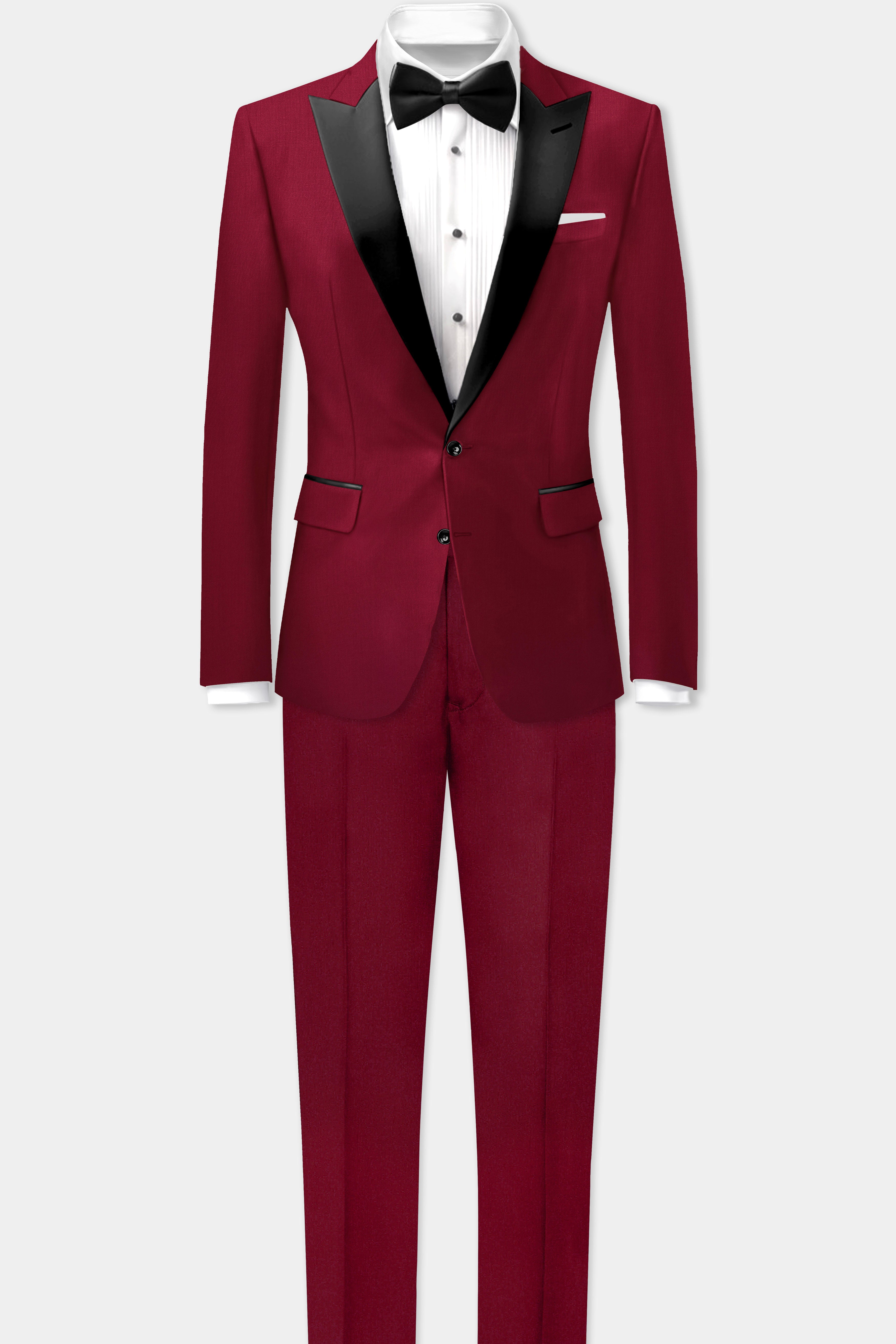 CrimsonAce-Cherry Red Solid Wool Rich Peak Lapel Tuxedo Slight Stretch Suit