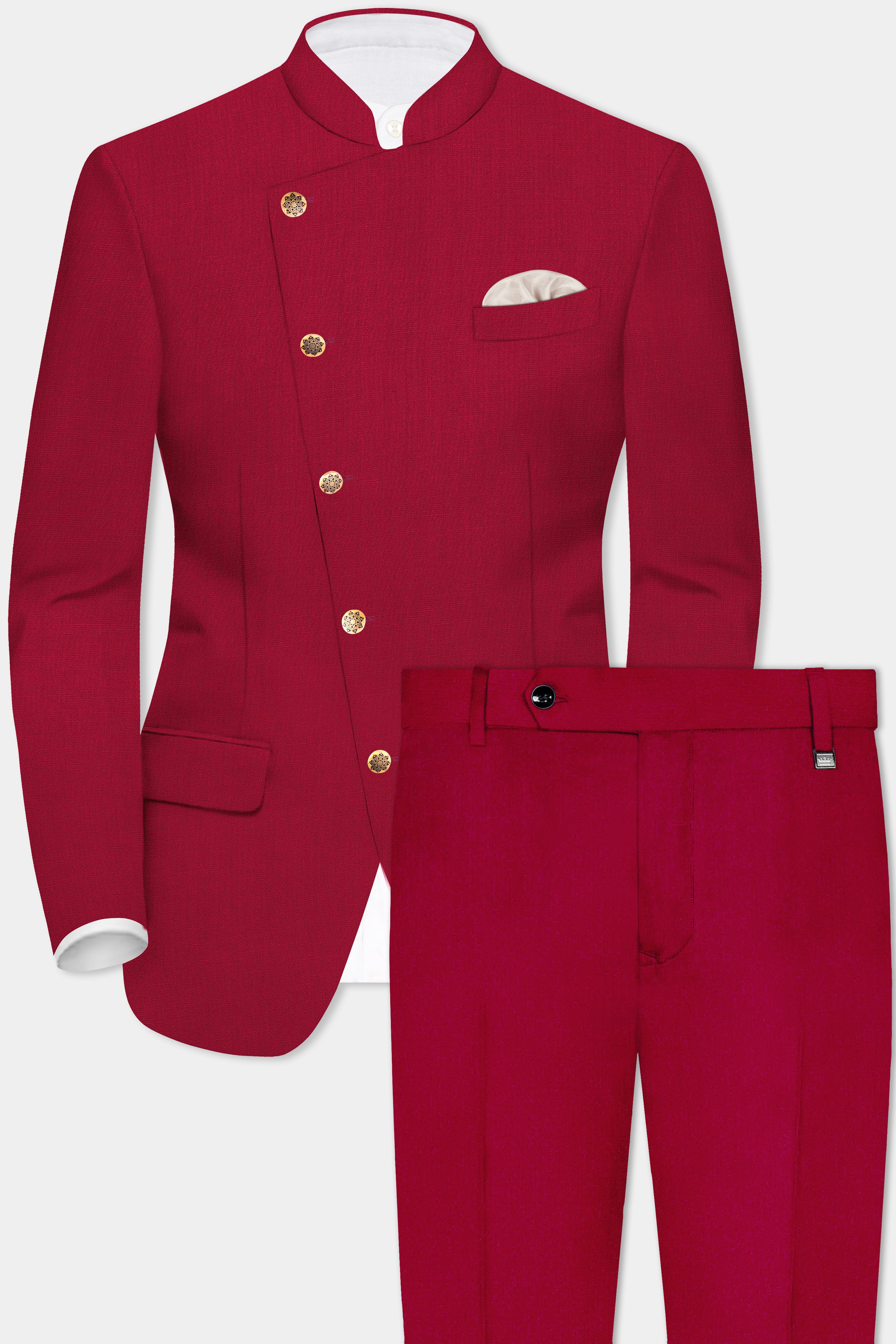 Vermilion-Chili Red Solid Wool Rich Cross Placket Bandhgala Stretchable traveler Suit