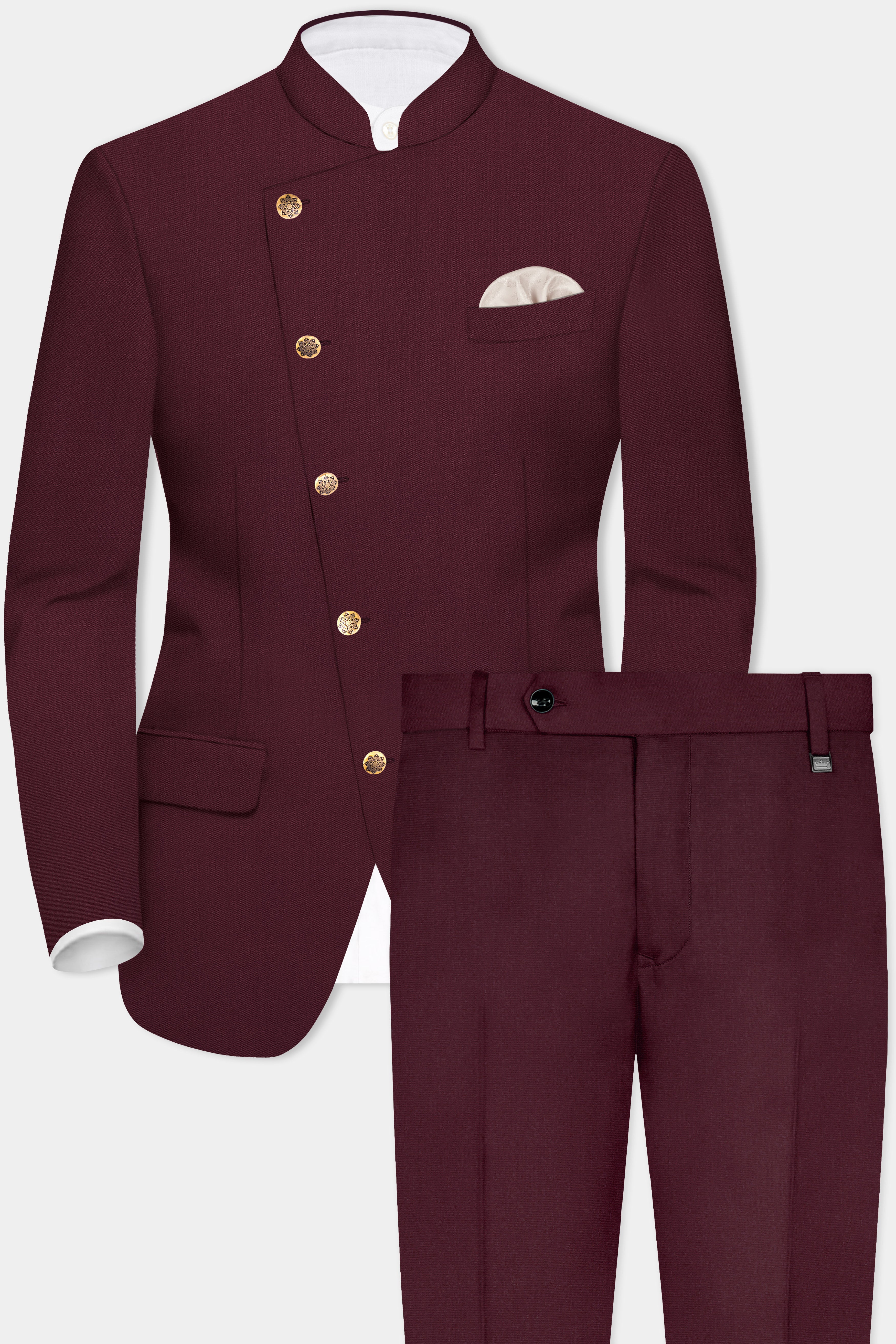Merlot-Wine Berry Solid Wool Rich Cross Placket Bandhgala Stretchable traveler Suit