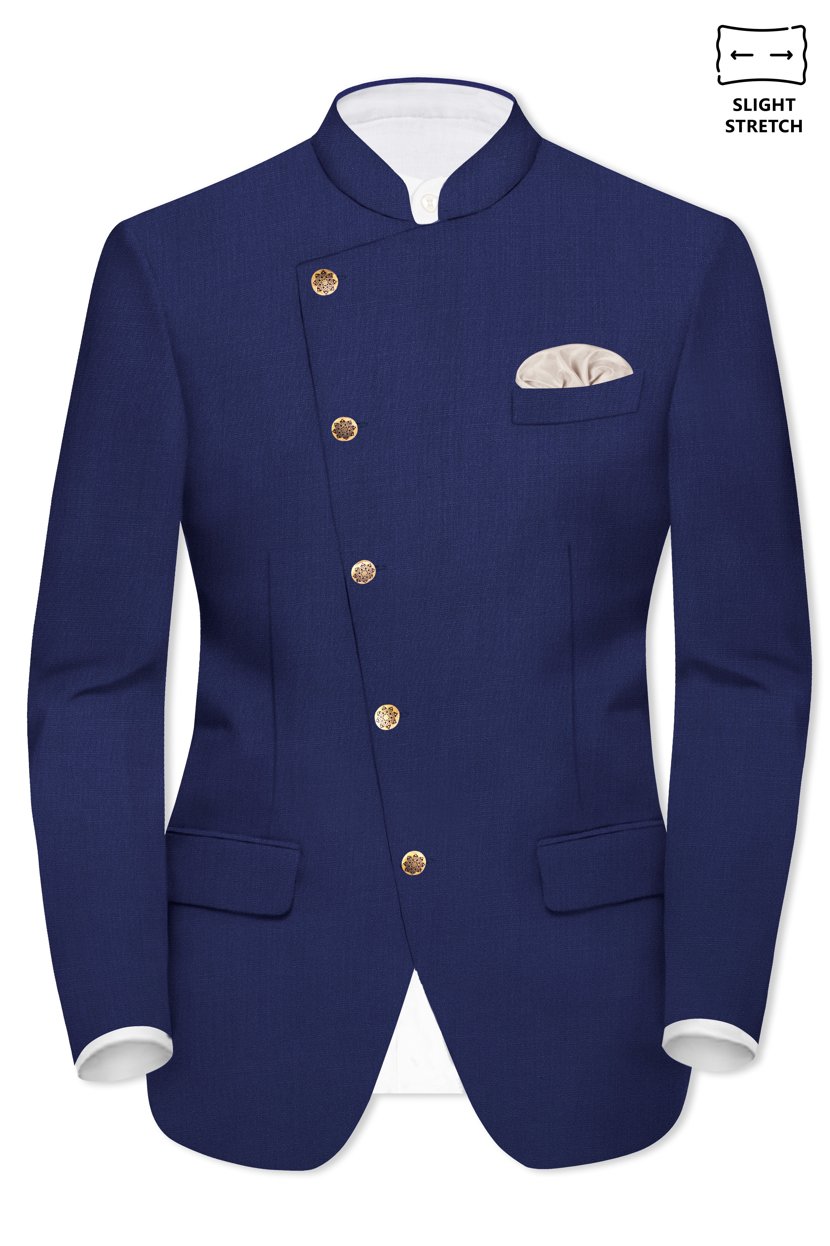 Celestia- Blue Solid Wool Rich Cross Placket Bandhgala Slight Stretch Suit
