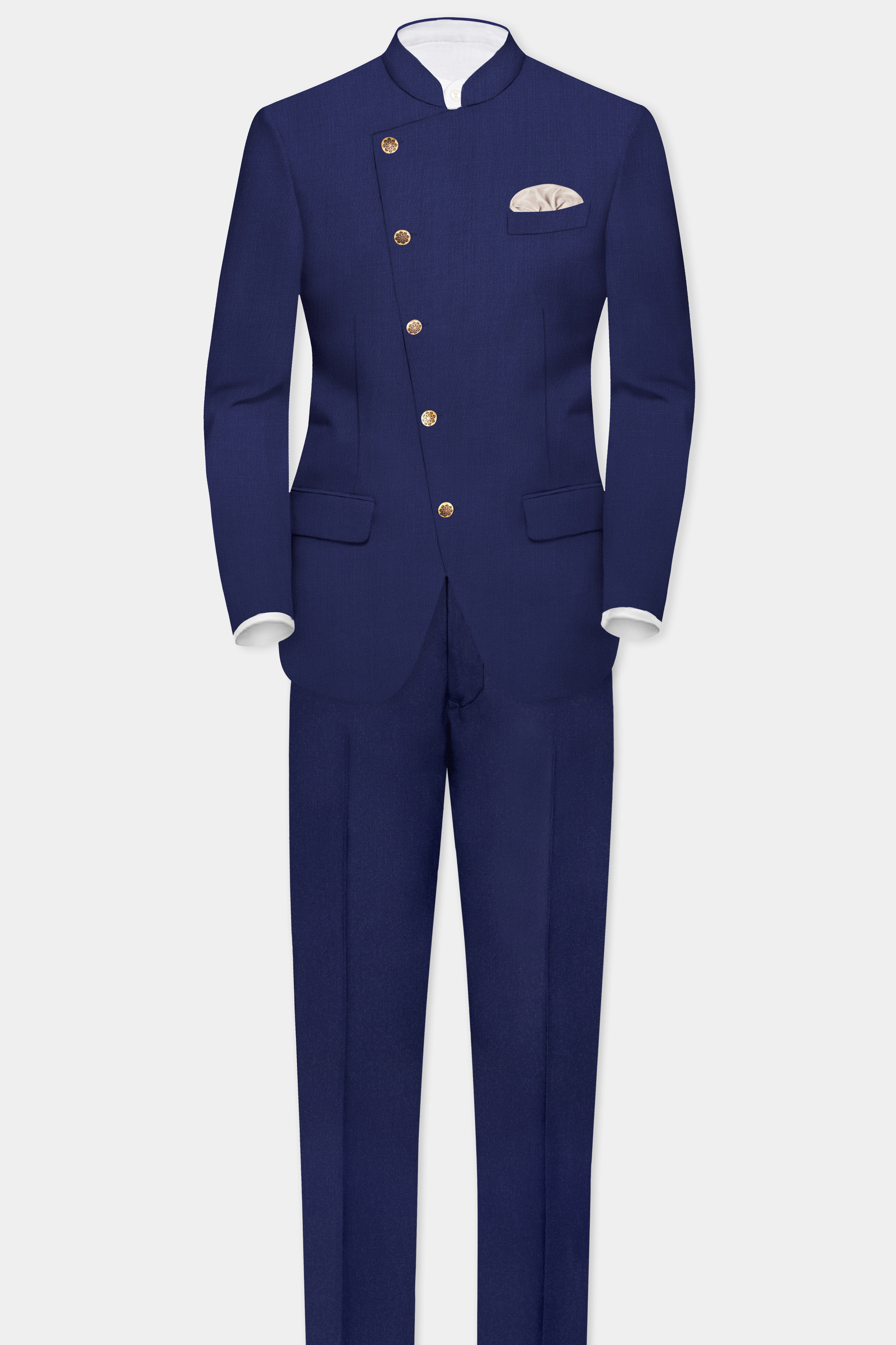 Celestia- Blue Solid Wool Rich Cross Placket Bandhgala Slight Stretch Suit
