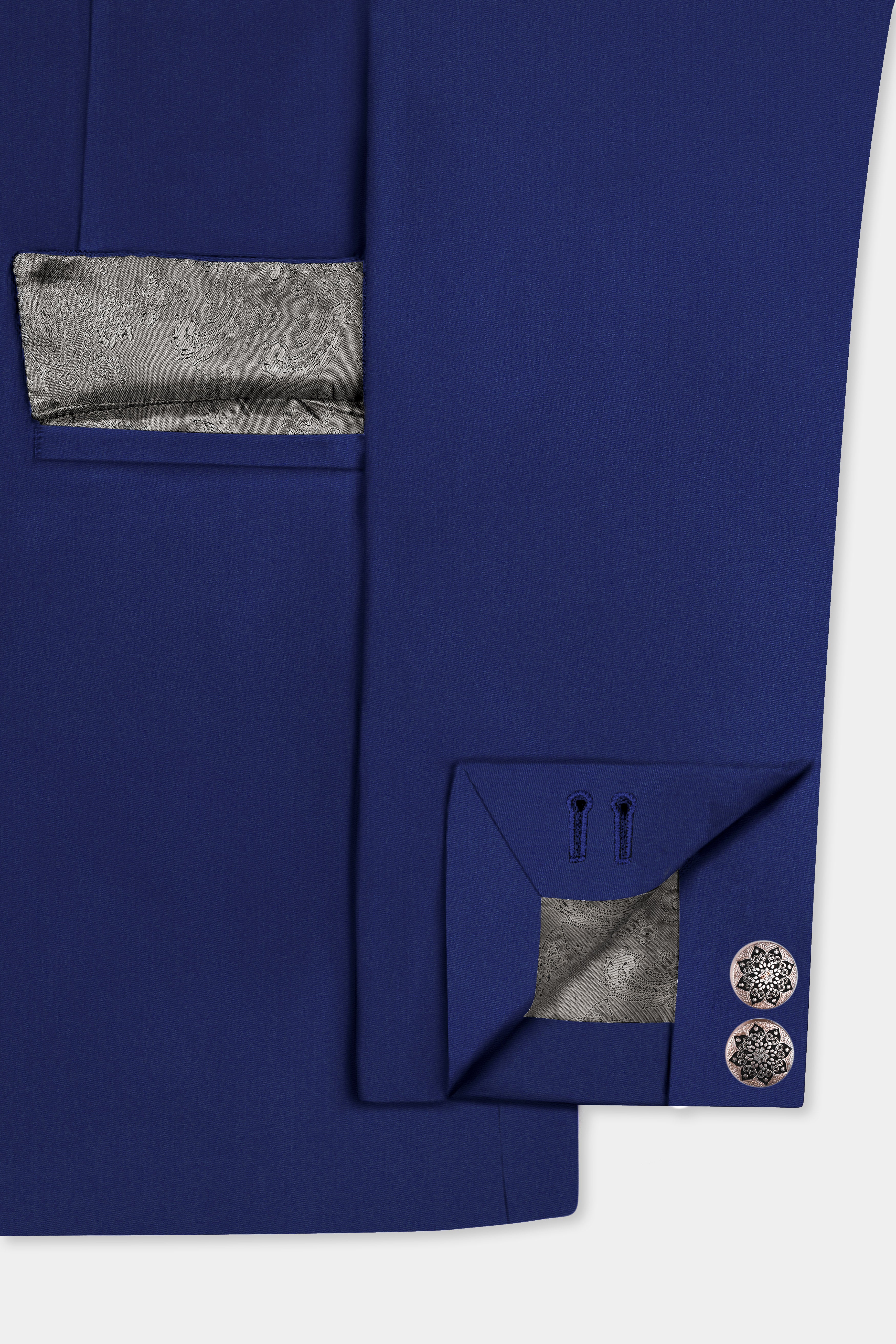 Celestia- Blue Solid Wool Rich Cross Placket Bandhgala Slight Stretch Suit