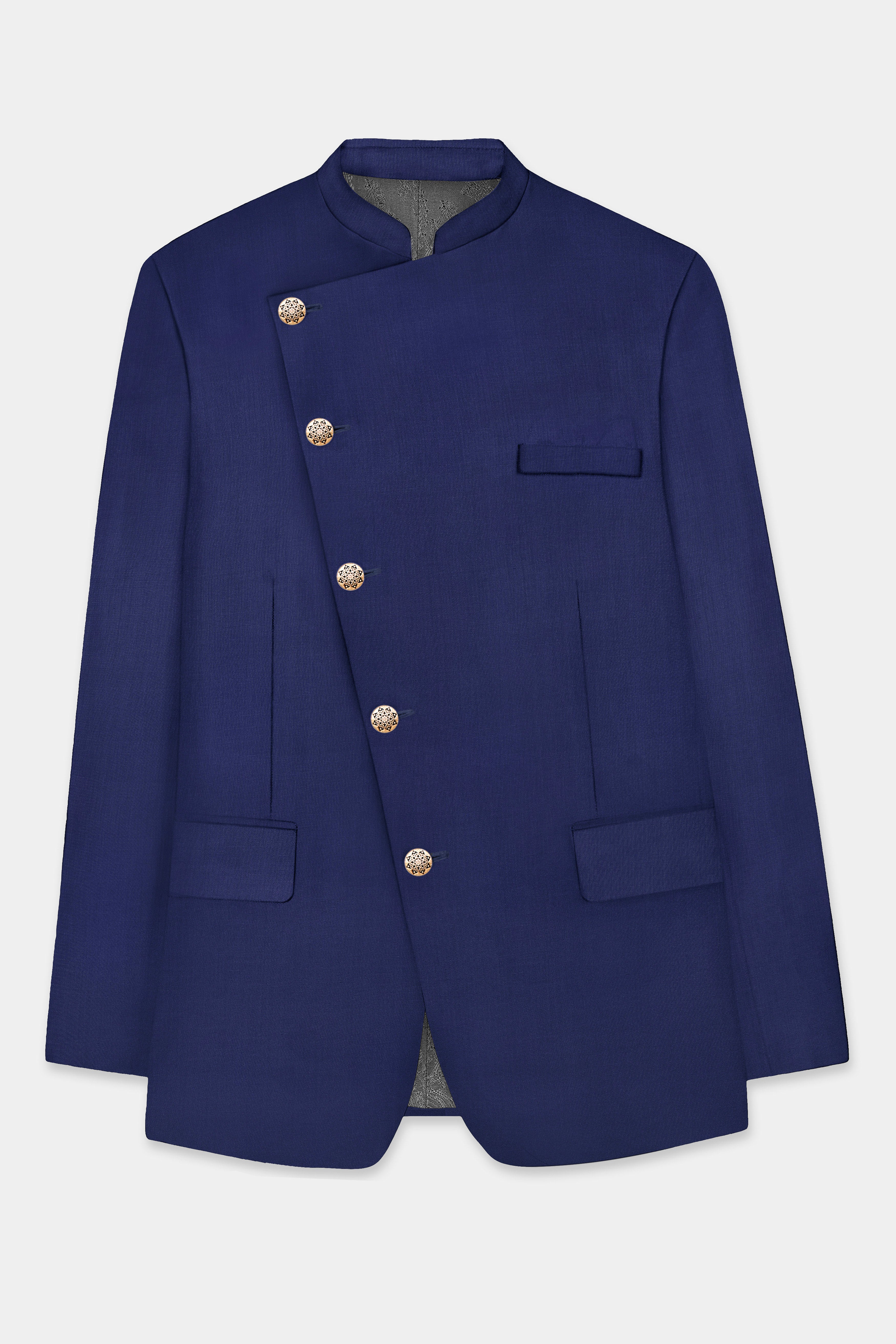Celestia- Blue Solid Wool Rich Cross Placket Bandhgala Slight Stretch Suit