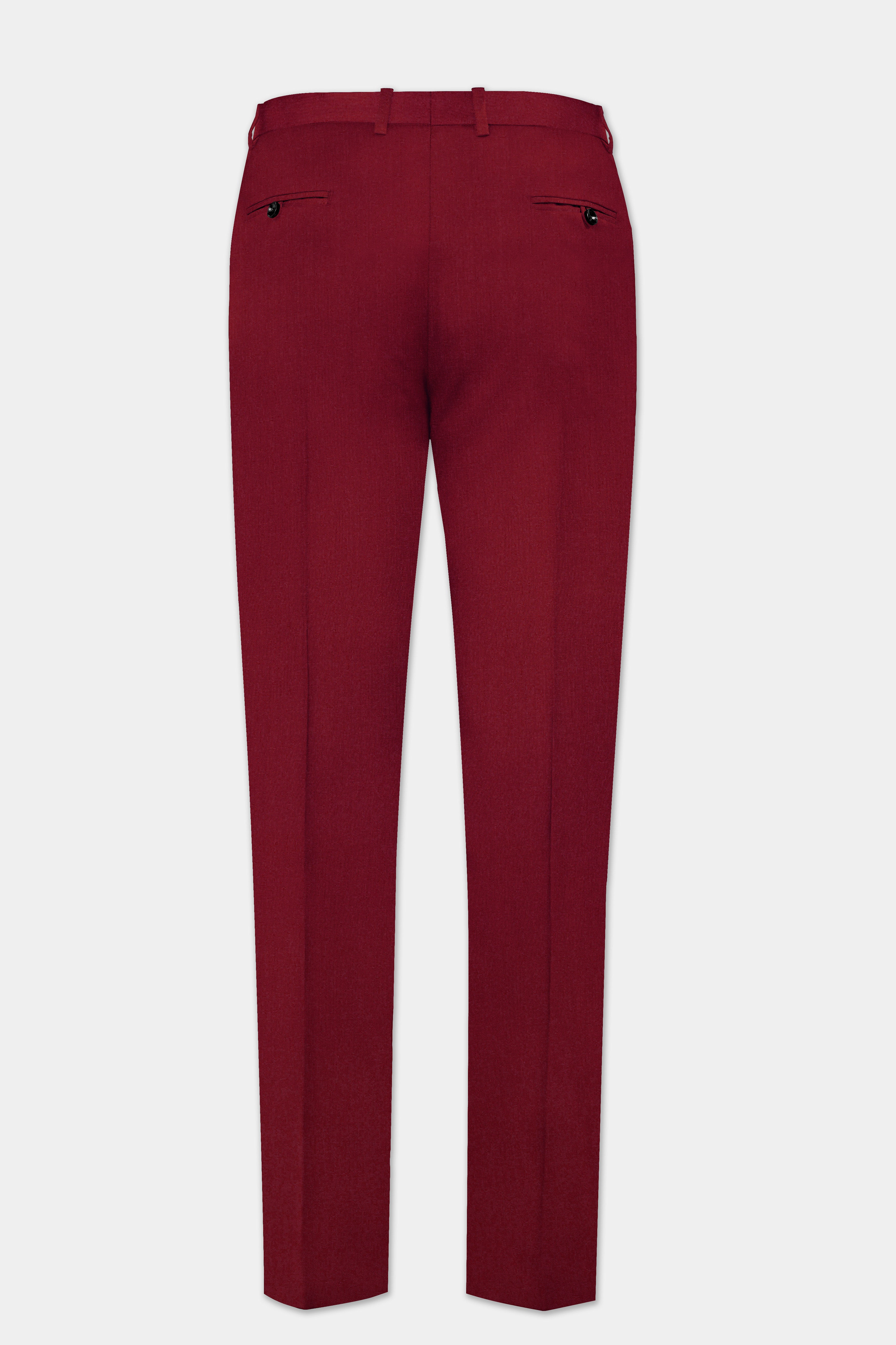 CrimsonAce-Cherry Red Solid Wool Rich Cross Placket Bandhgala Slight Stretch Suit