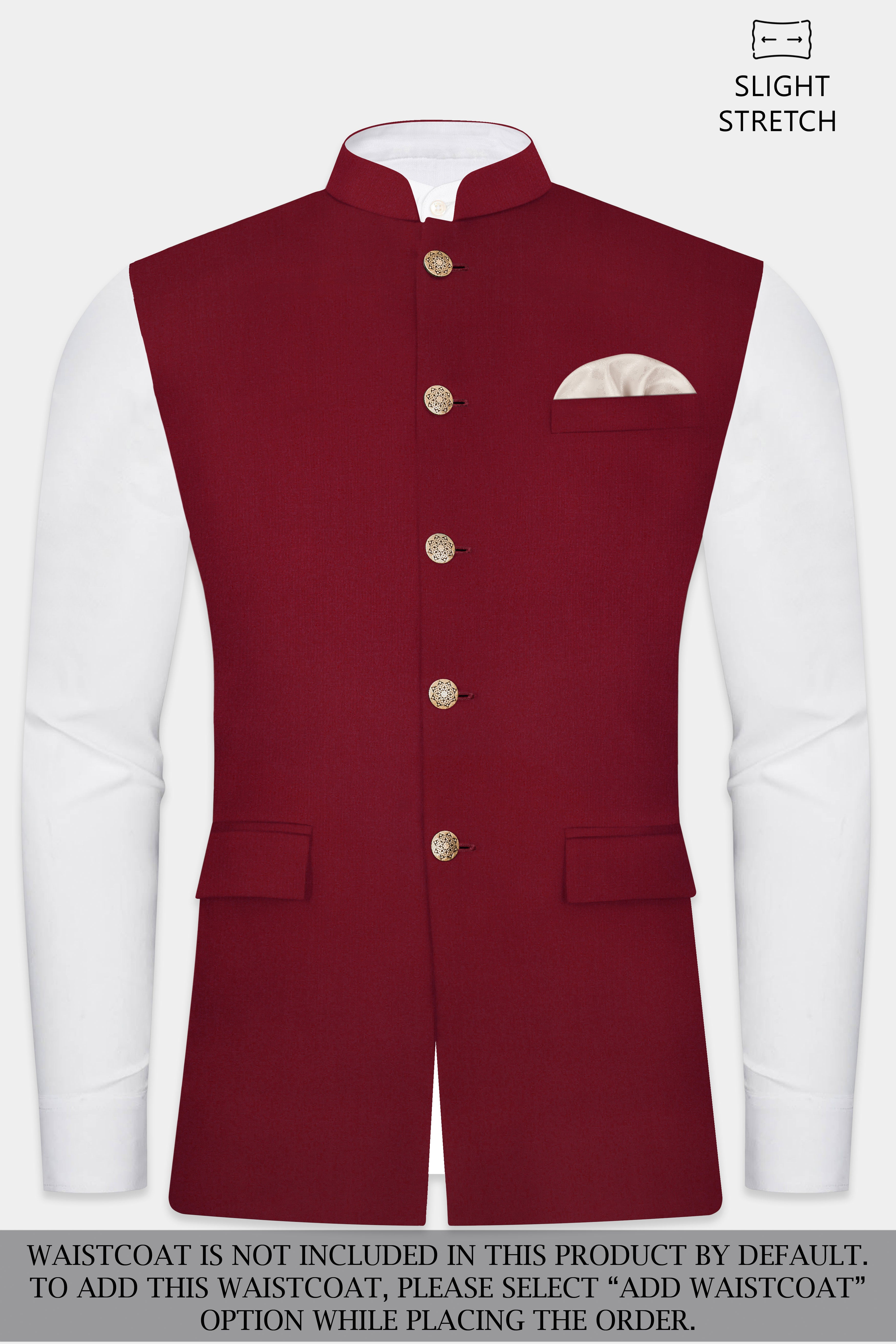 CrimsonAce-Cherry Red Solid Wool Rich Cross Placket Bandhgala Slight Stretch Suit