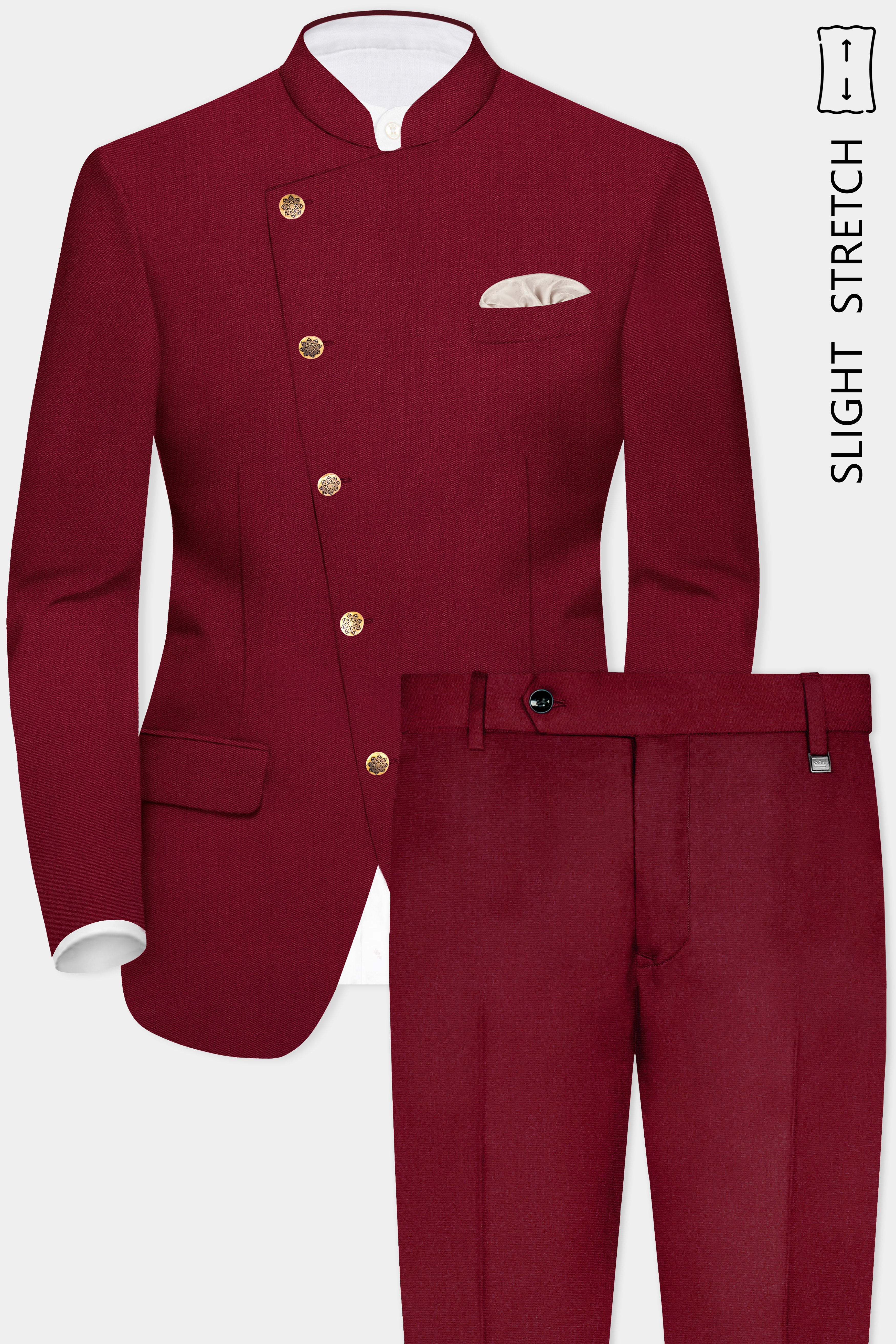 CrimsonAce-Cherry Red Solid Wool Rich Cross Placket Bandhgala Slight Stretch Suit