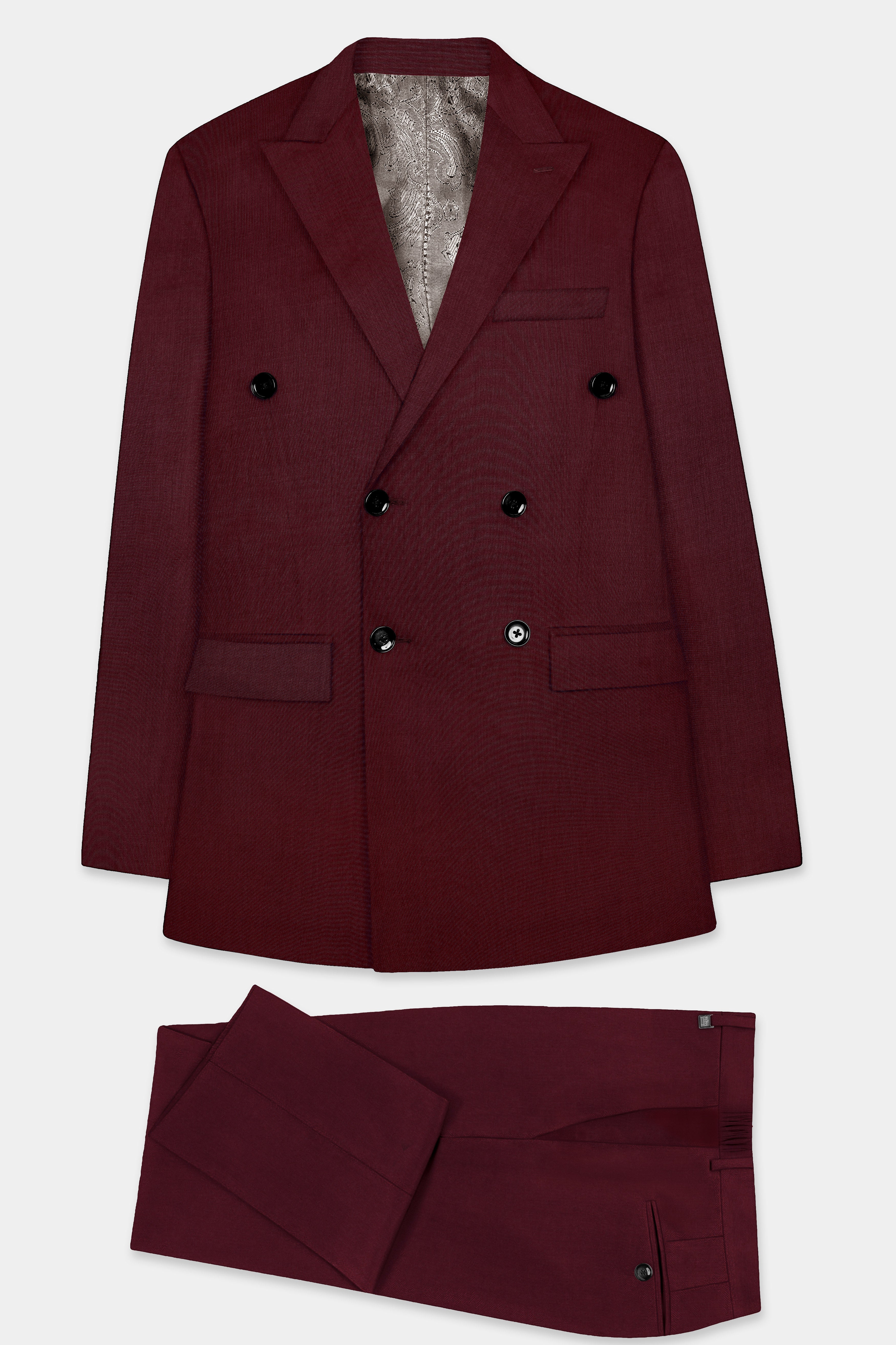 Merlot-Wine Berry Solid Wool Rich Double Breasted Slight Stretch Suit