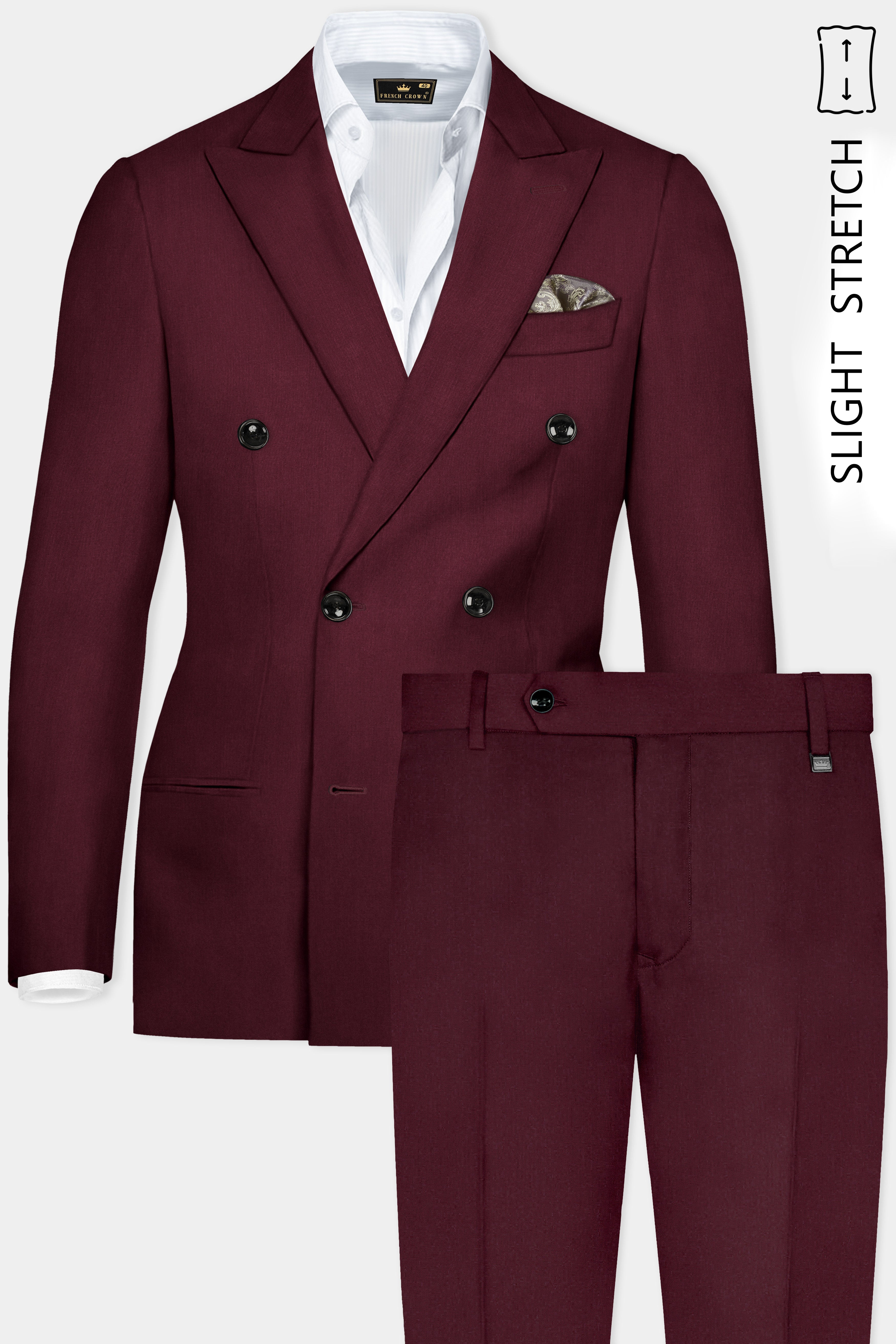 Merlot-Wine Berry Solid Wool Rich Double Breasted Slight Stretch Suit