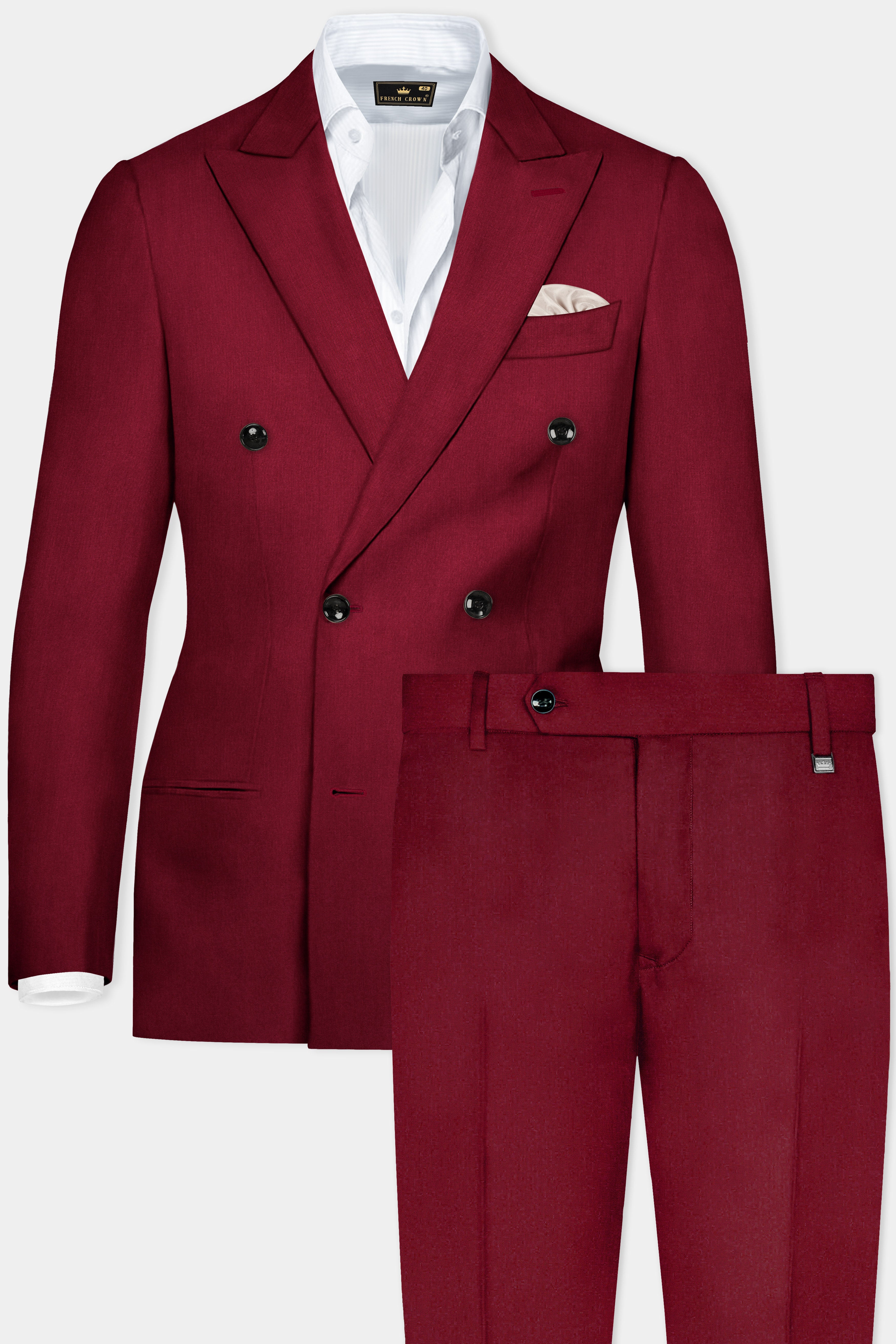 CrimsonAce-Cherry Red Solid Wool Rich Double Breasted Stretchable traveler Suit
