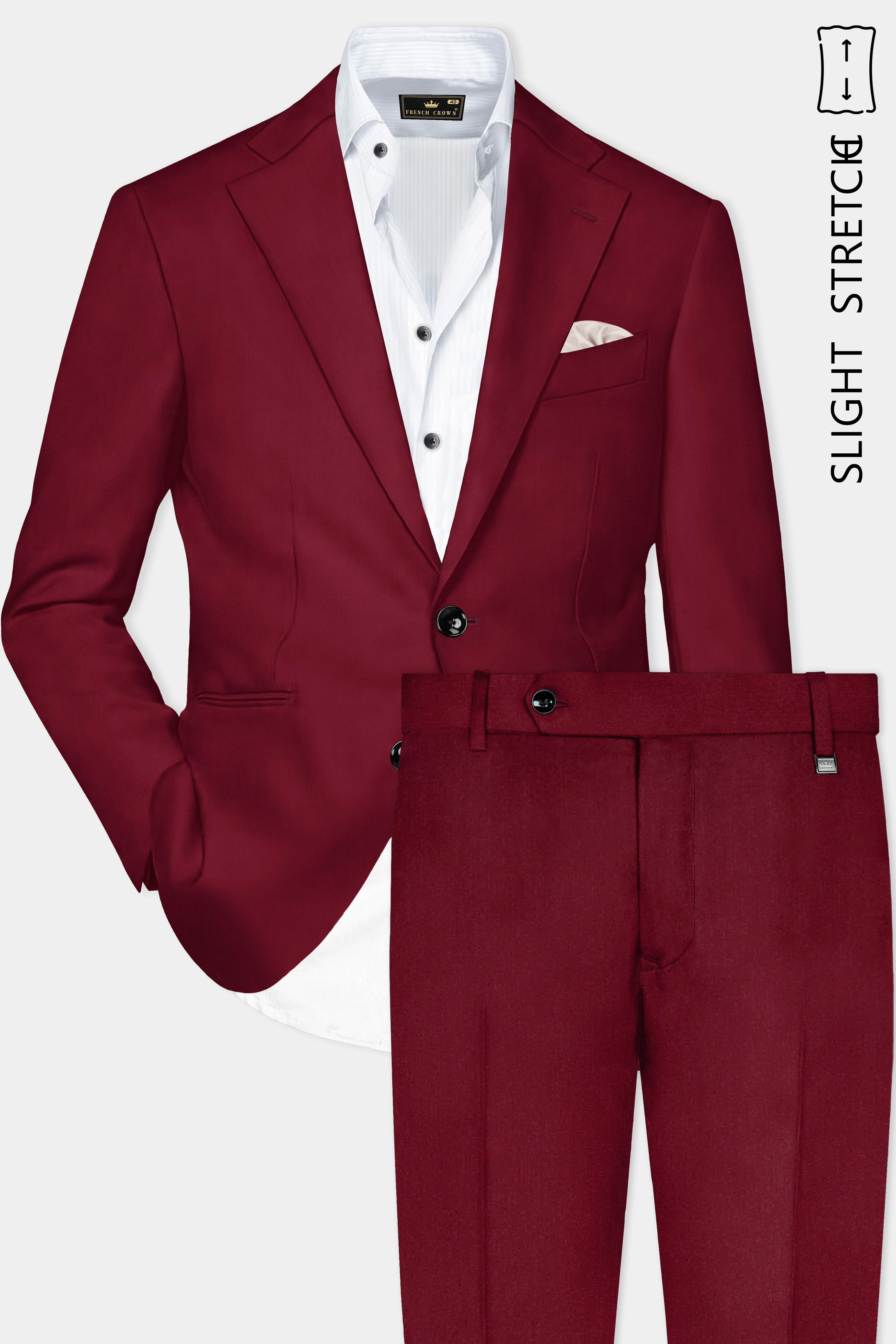 CrimsonAce-Cherry Red Solid Wool Rich Single Breasted Slight Stretch Suit