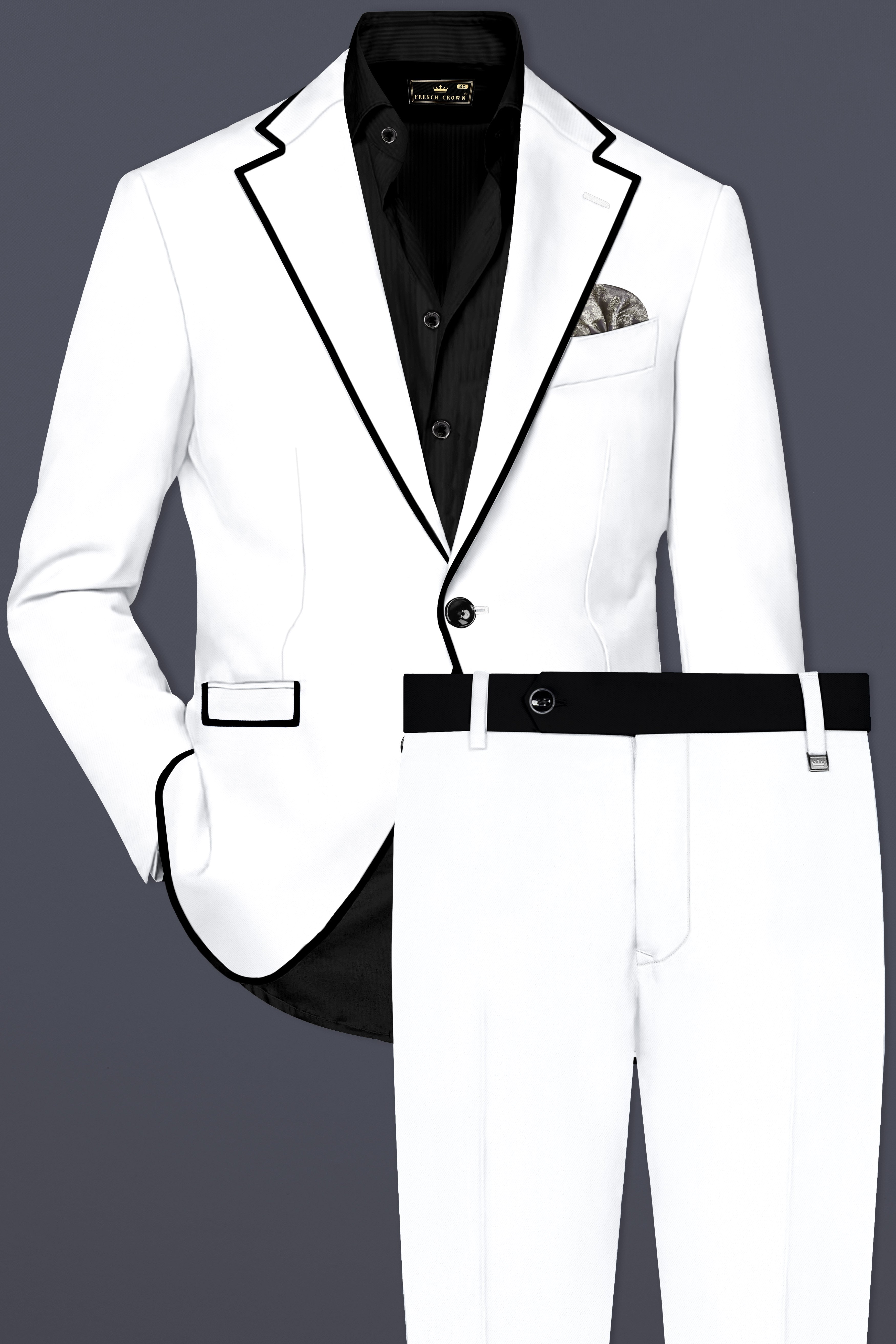 Zenith-Bright White Stretchable Subtle Sheen with Black Border Patterned Designer Stretchable traveler Suit