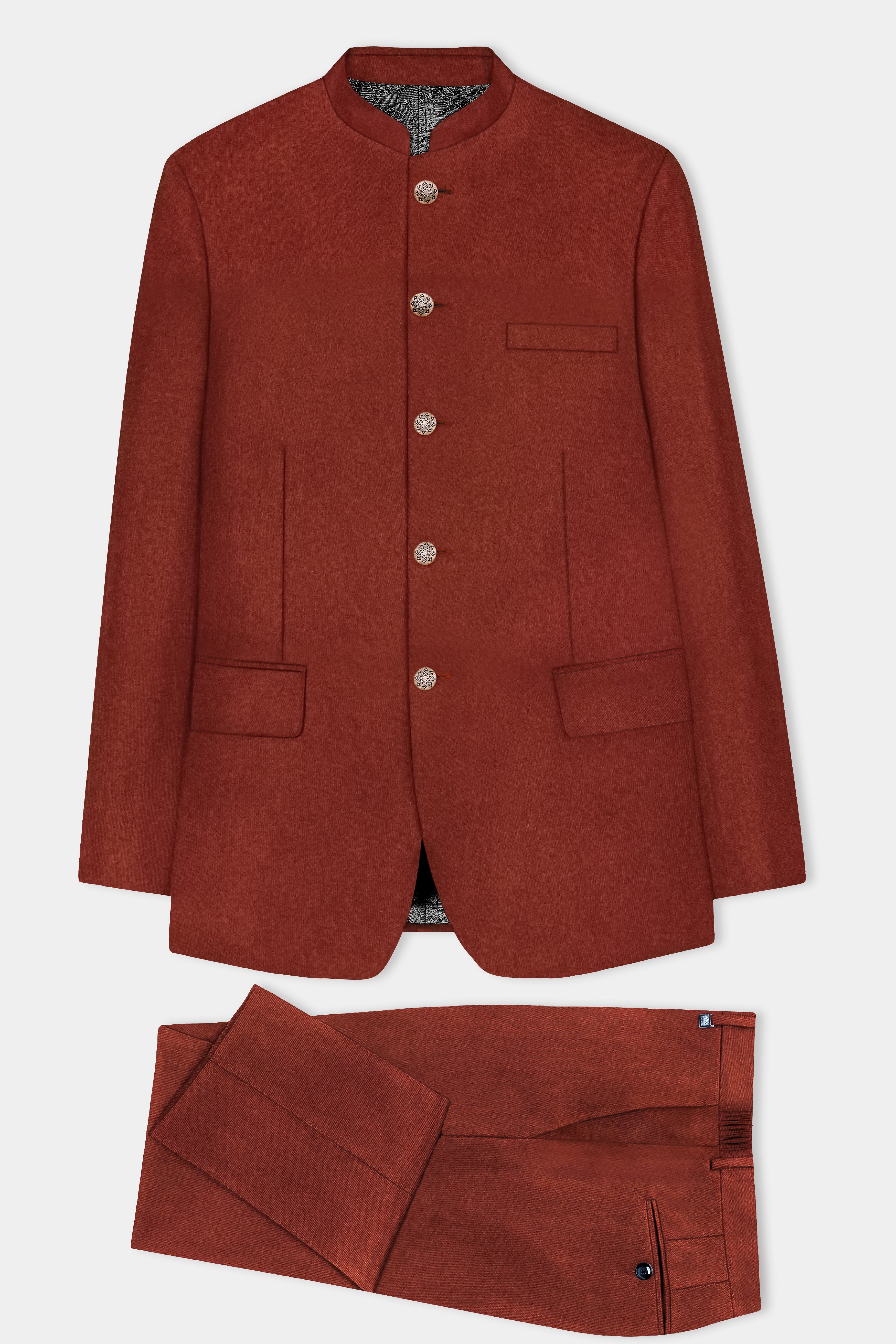 Inferno Rust-Brick Red Solid Wool Rich Bandhgala Slight Stretch Suit