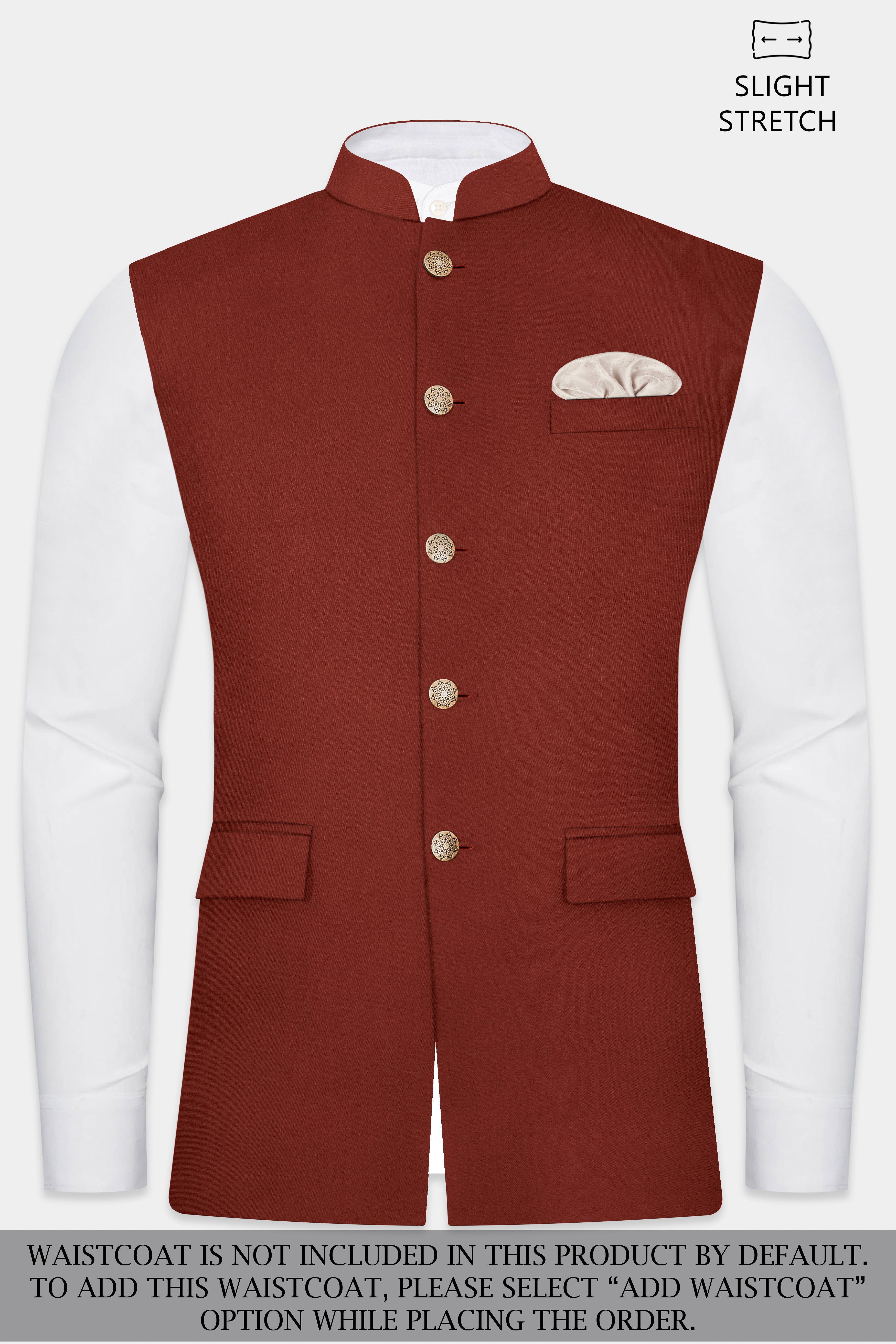 Inferno Rust-Brick Red Solid Wool Rich Bandhgala Slight Stretch Suit