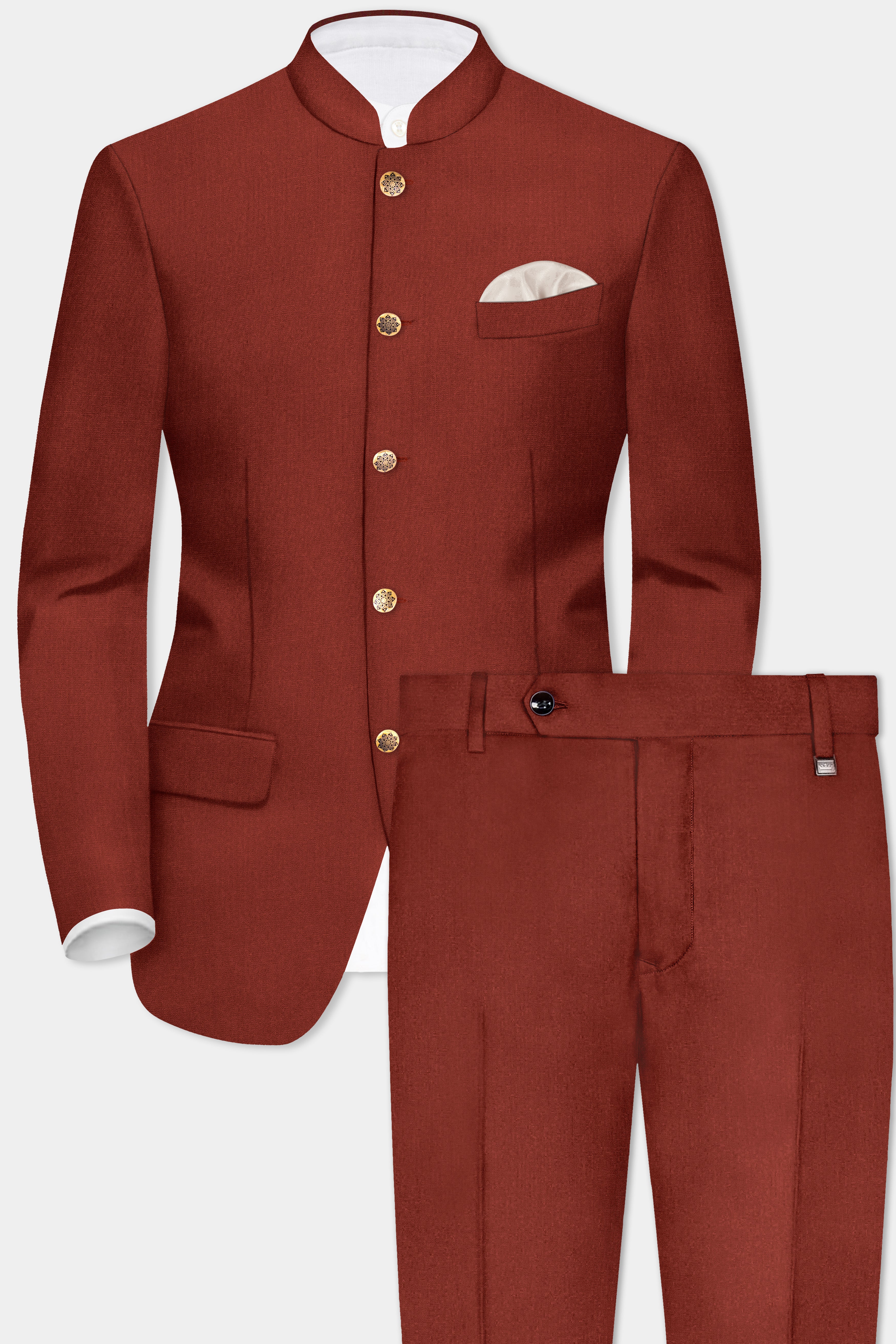 Inferno Rust-Brick Red Solid Wool Rich Bandhgala Stretchable traveler Suit