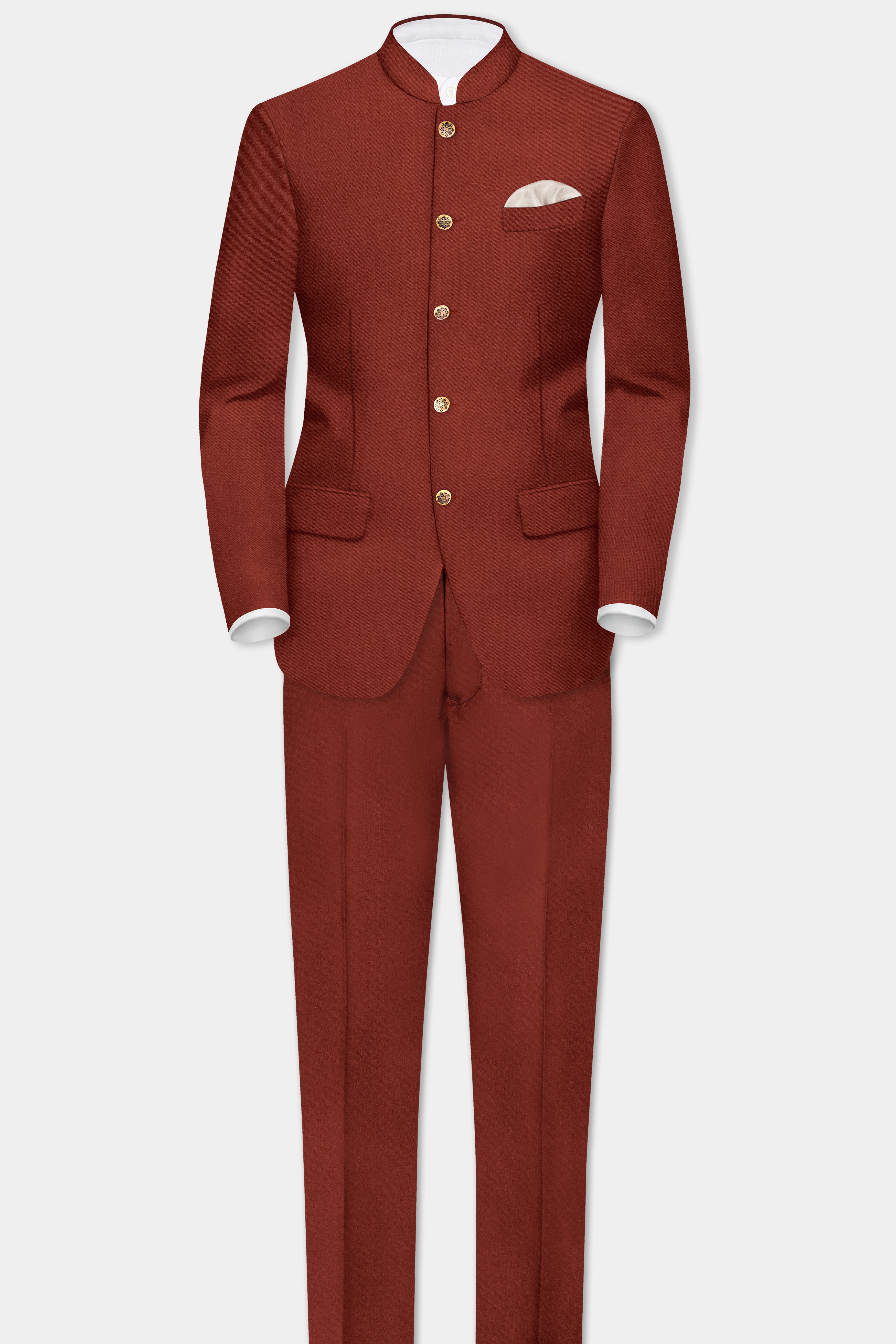 Inferno Rust-Brick Red Solid Wool Rich Bandhgala Slight Stretch Suit