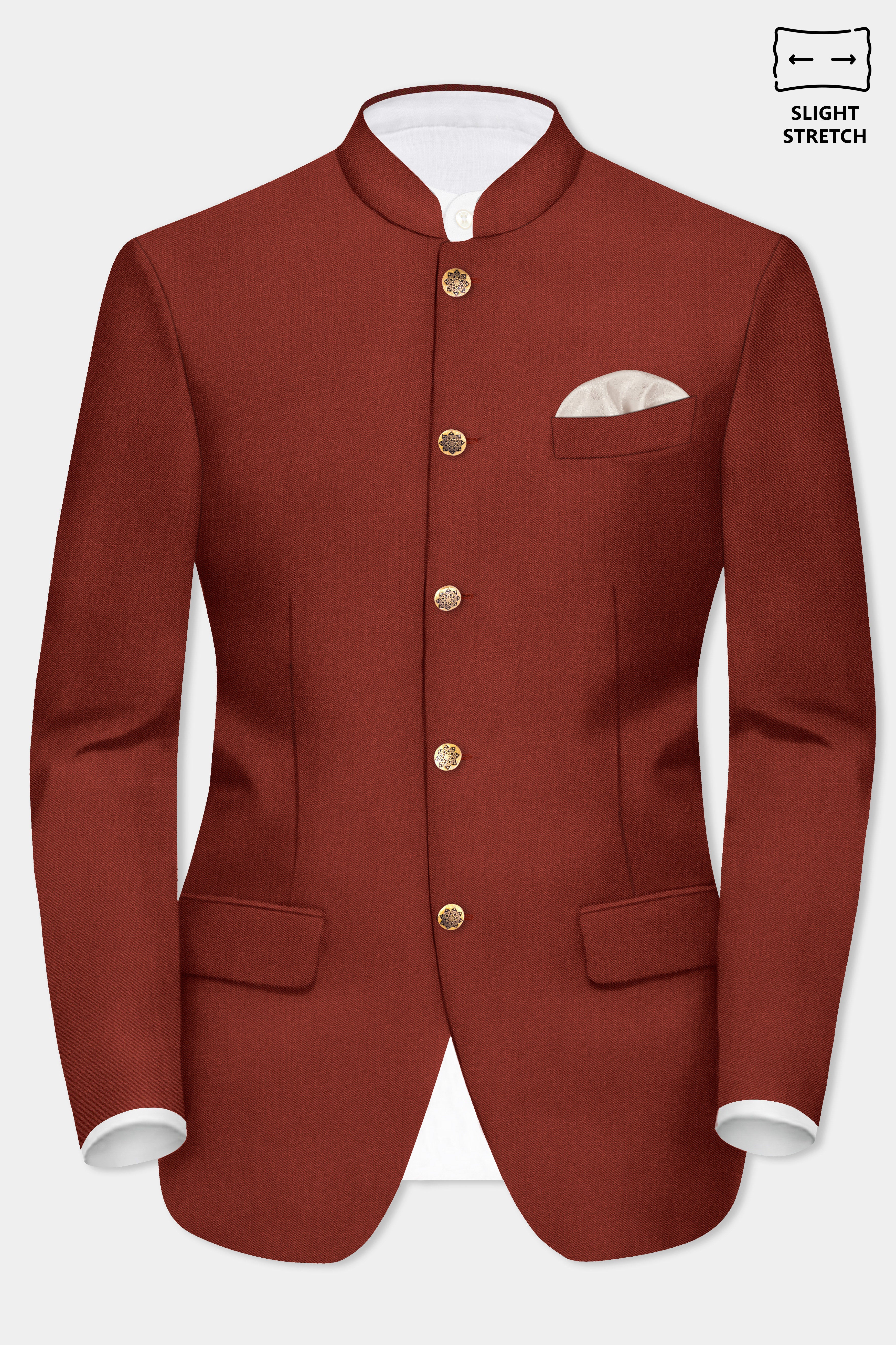 Inferno Rust-Brick Red Solid Wool Rich Bandhgala Slight Stretch Suit
