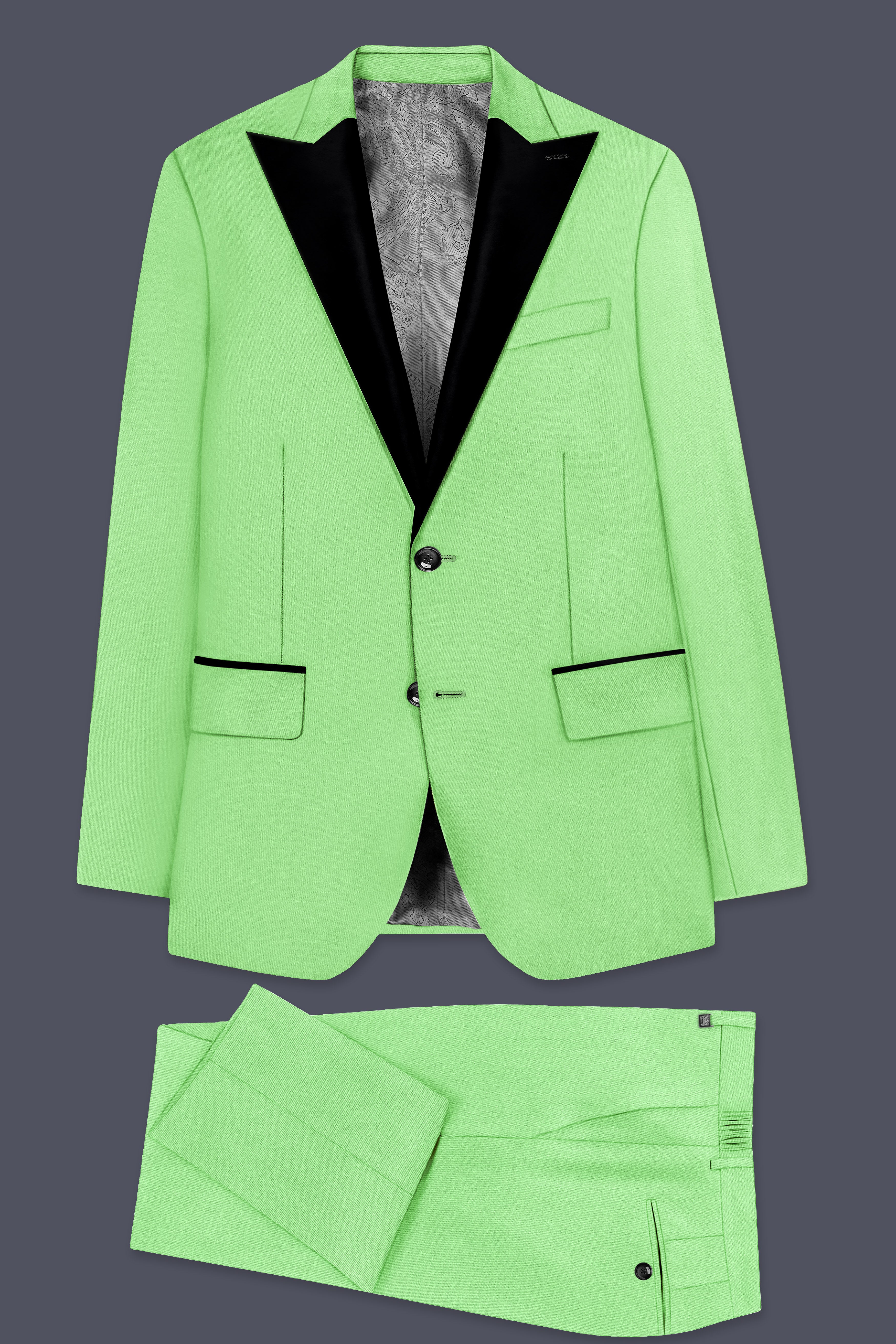 Emerald-Mint Green Solid Wool Rich Peak Lapel Tuxedo Slight Stretch Suit