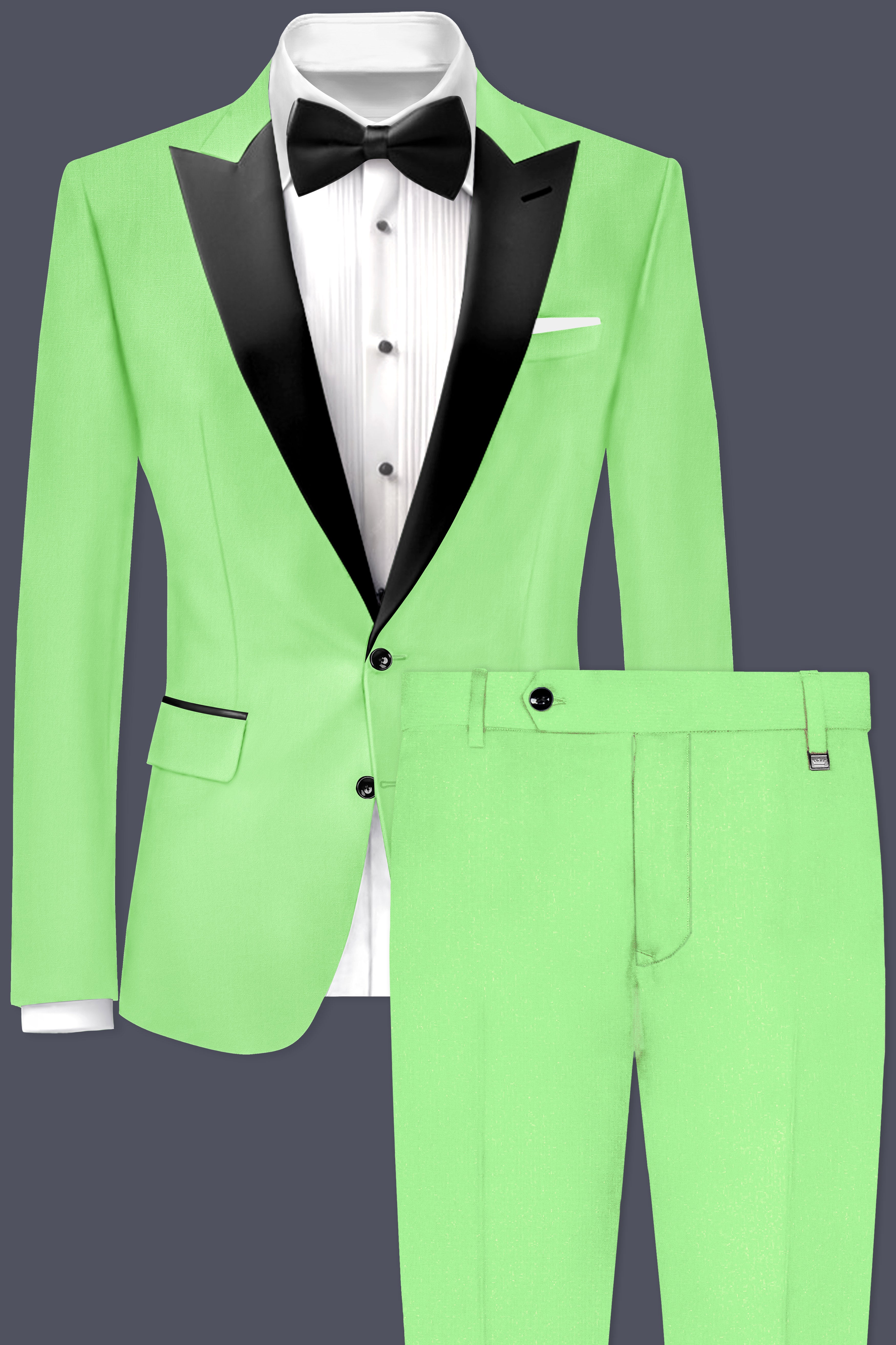 Emerald-Mint Green Solid Wool Rich Peak Lapel Tuxedo Stretchable traveler Suit