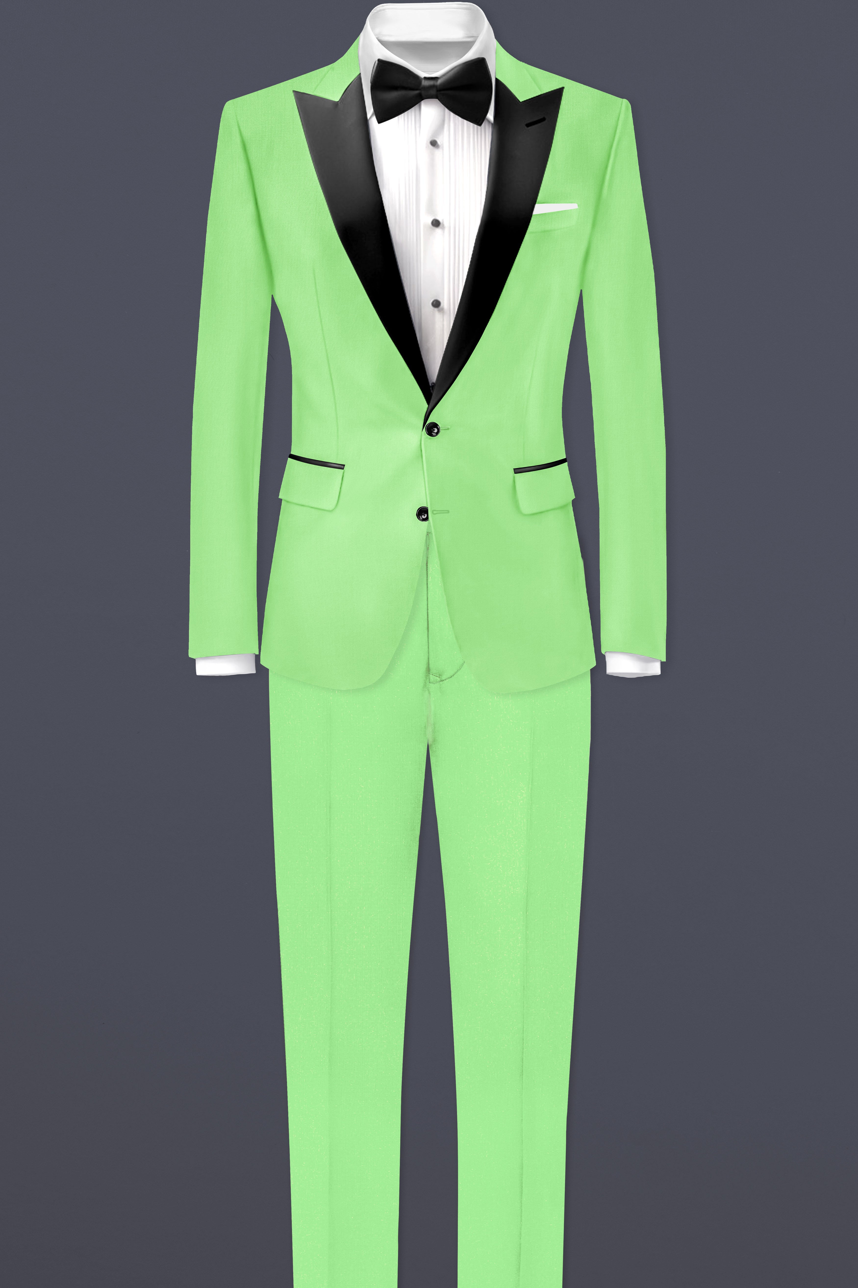 Emerald-Mint Green Solid Wool Rich Peak Lapel Tuxedo Slight Stretch Suit