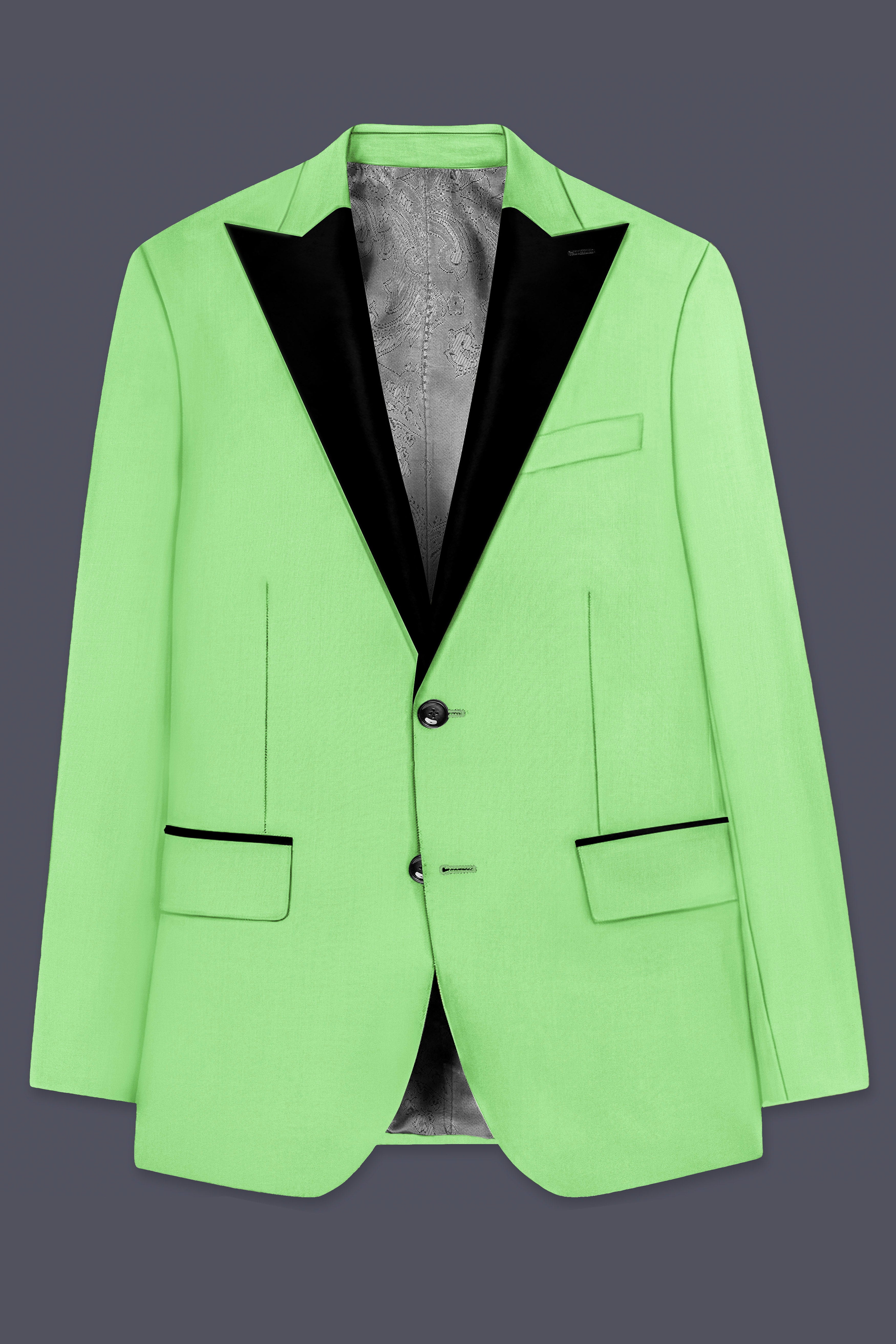 Emerald-Mint Green Solid Wool Rich Peak Lapel Tuxedo Slight Stretch Suit