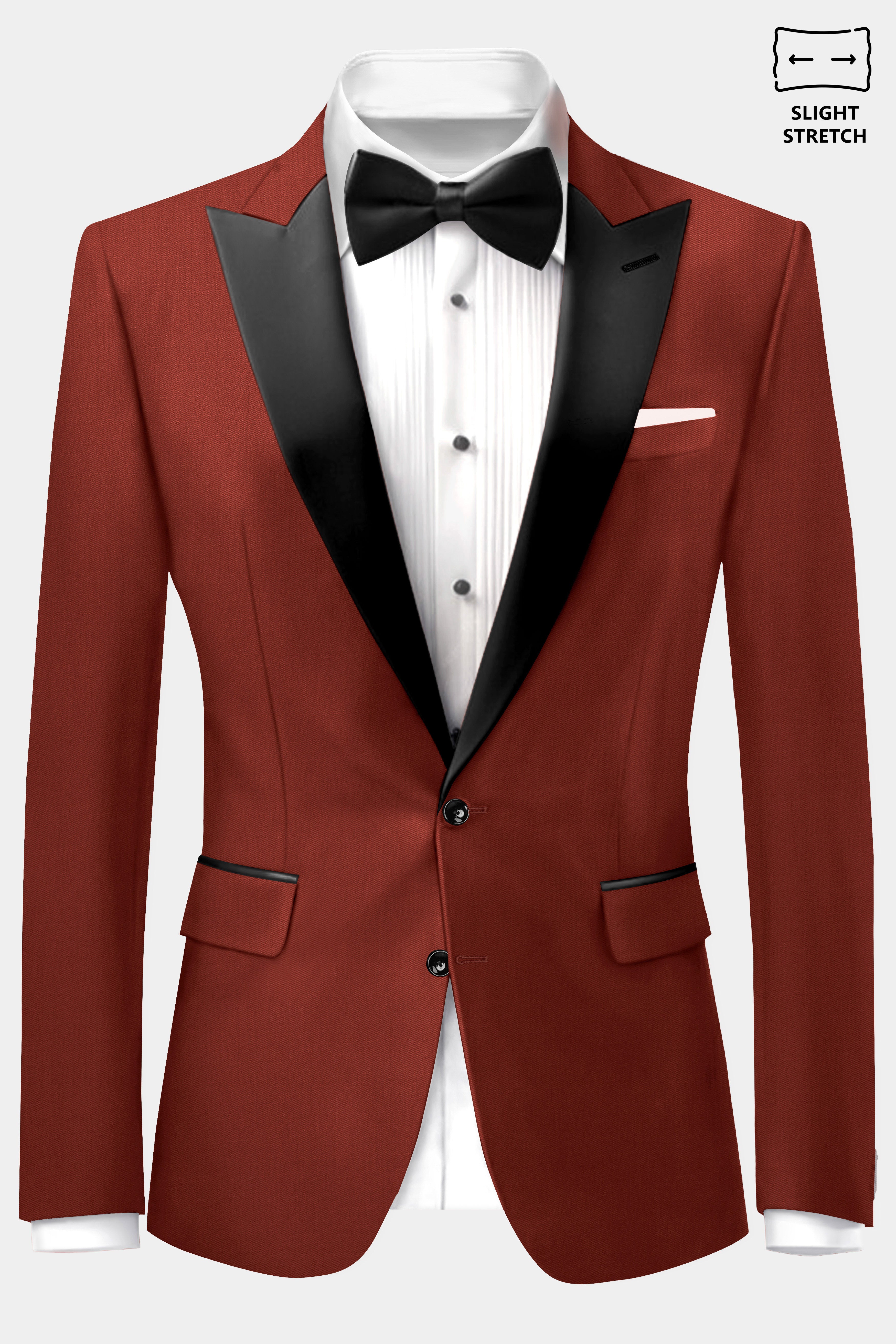 Inferno Rust-Brick Red Solid Wool Rich Peak Lapel Tuxedo Slight Stretch Suit