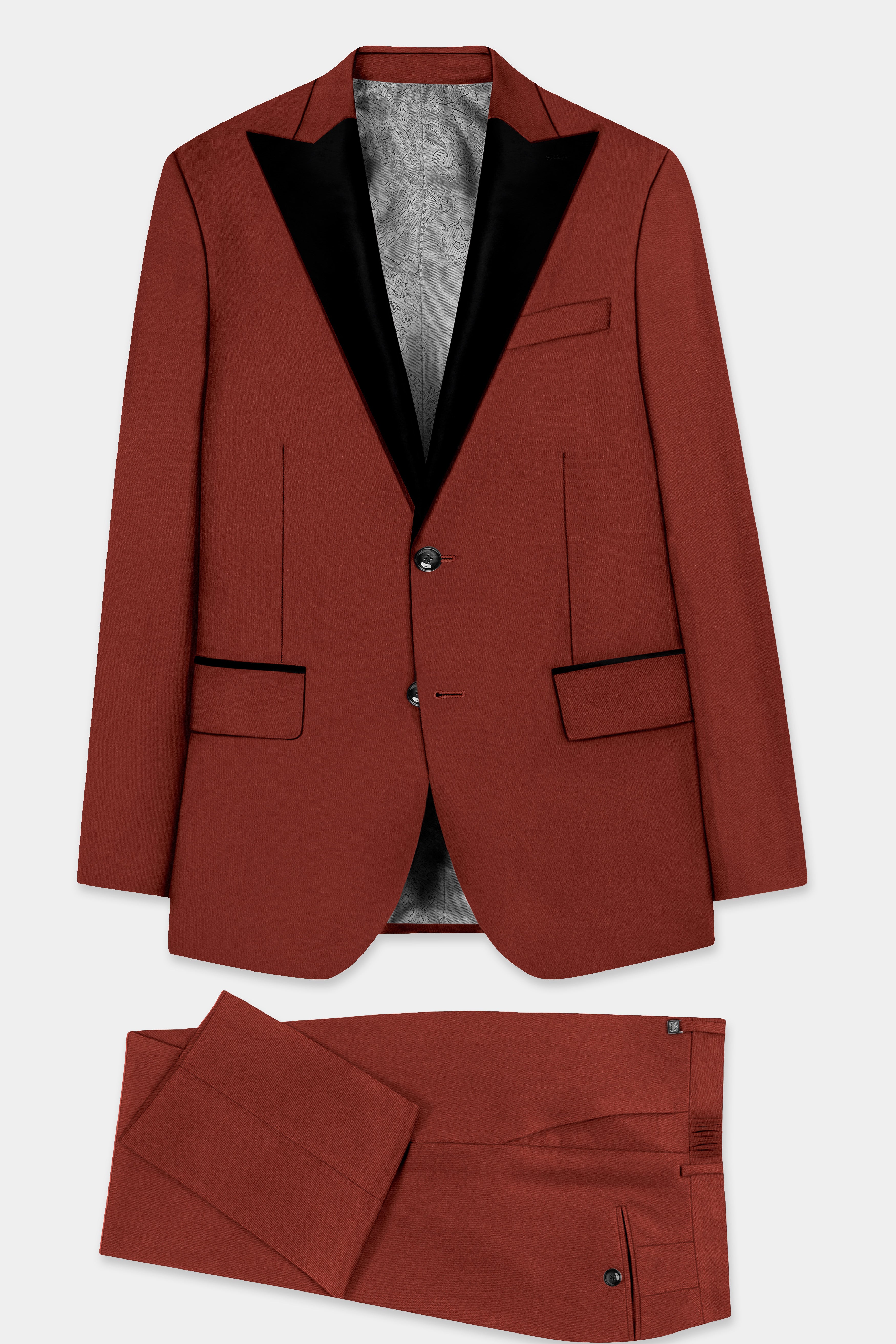 Inferno Rust-Brick Red Solid Wool Rich Peak Lapel Tuxedo Slight Stretch Suit