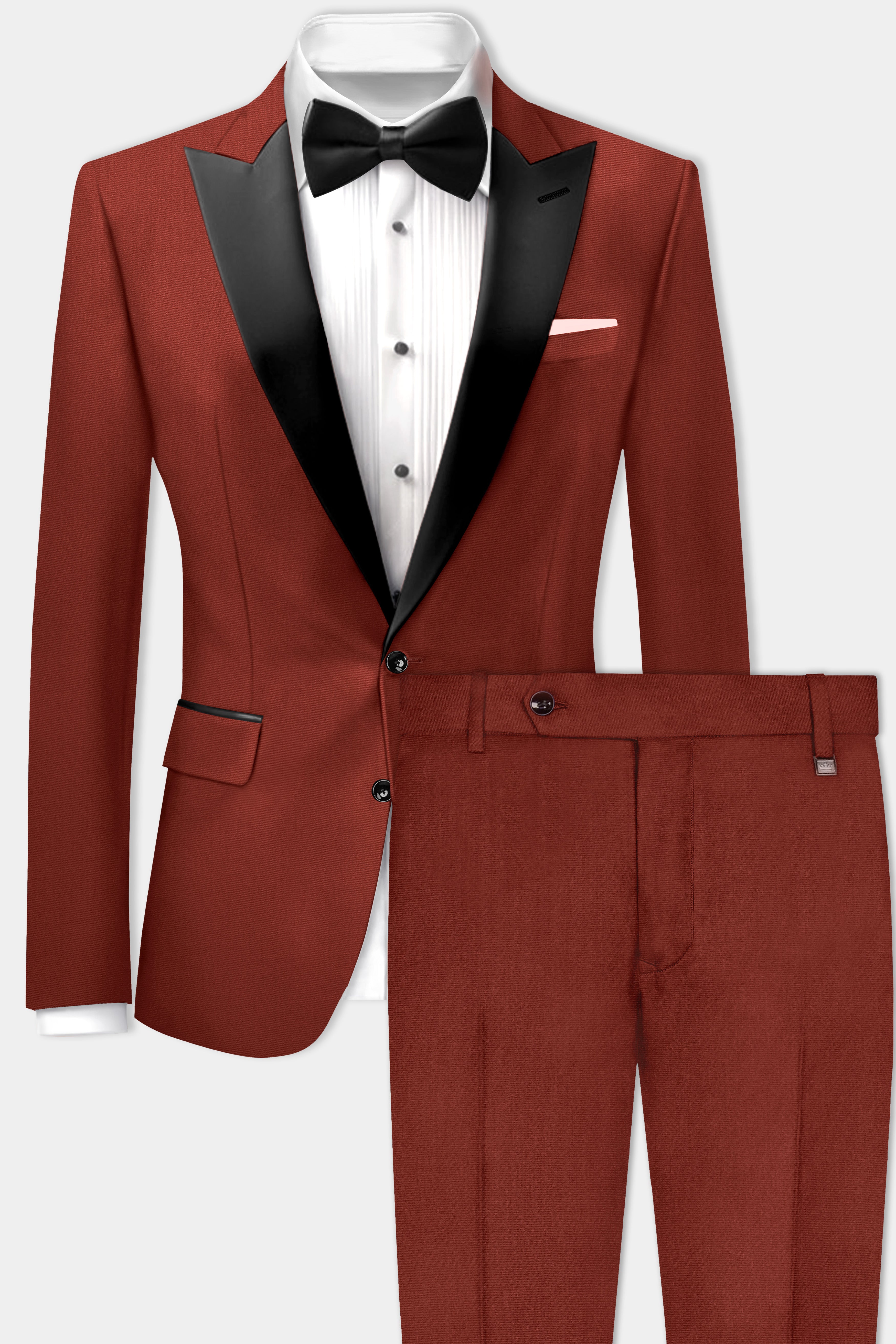 Inferno Rust-Brick Red Solid Wool Rich Peak Lapel Tuxedo Stretchable traveler Suit