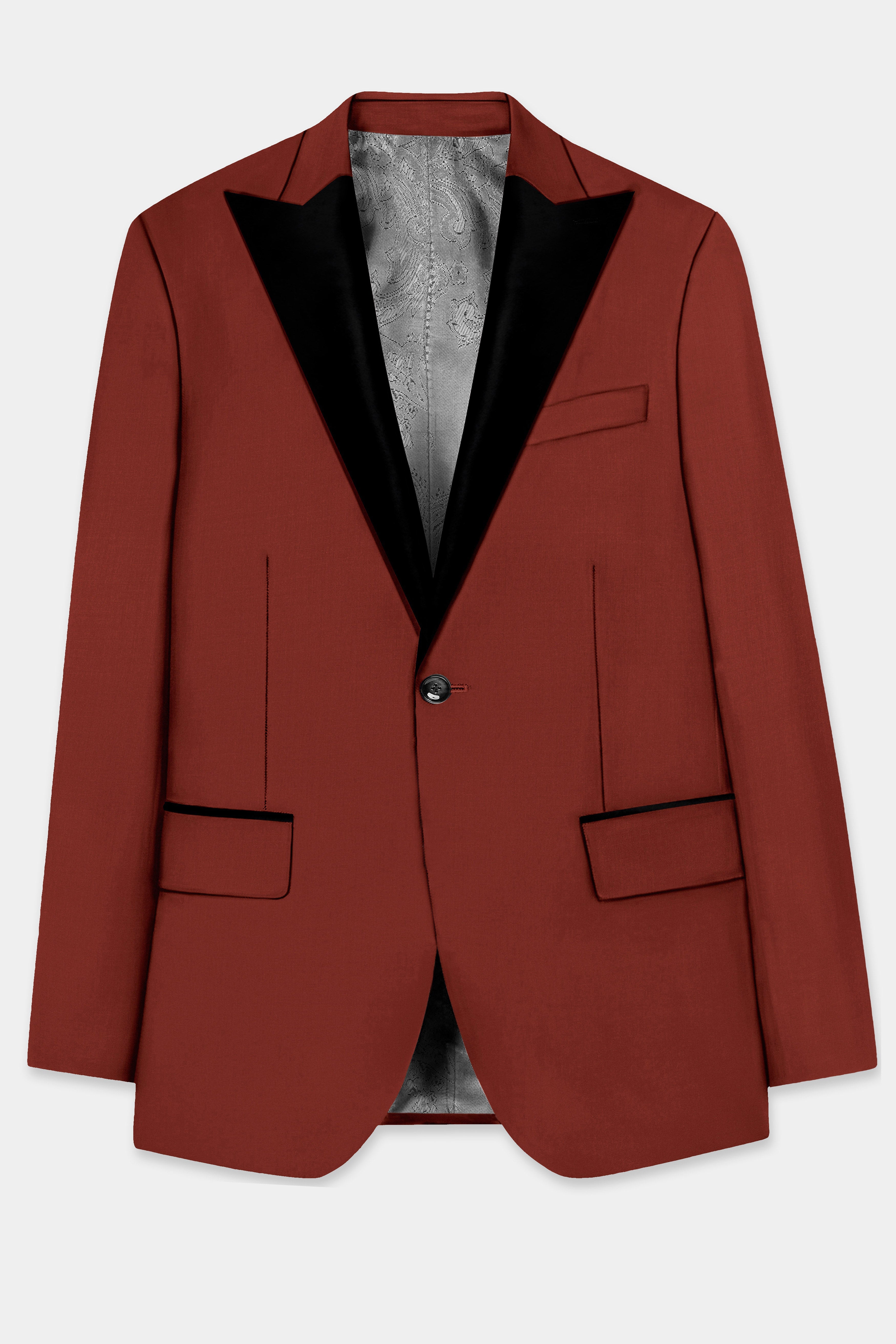 Inferno Rust-Brick Red Solid Wool Rich Peak Lapel Tuxedo Slight Stretch Suit