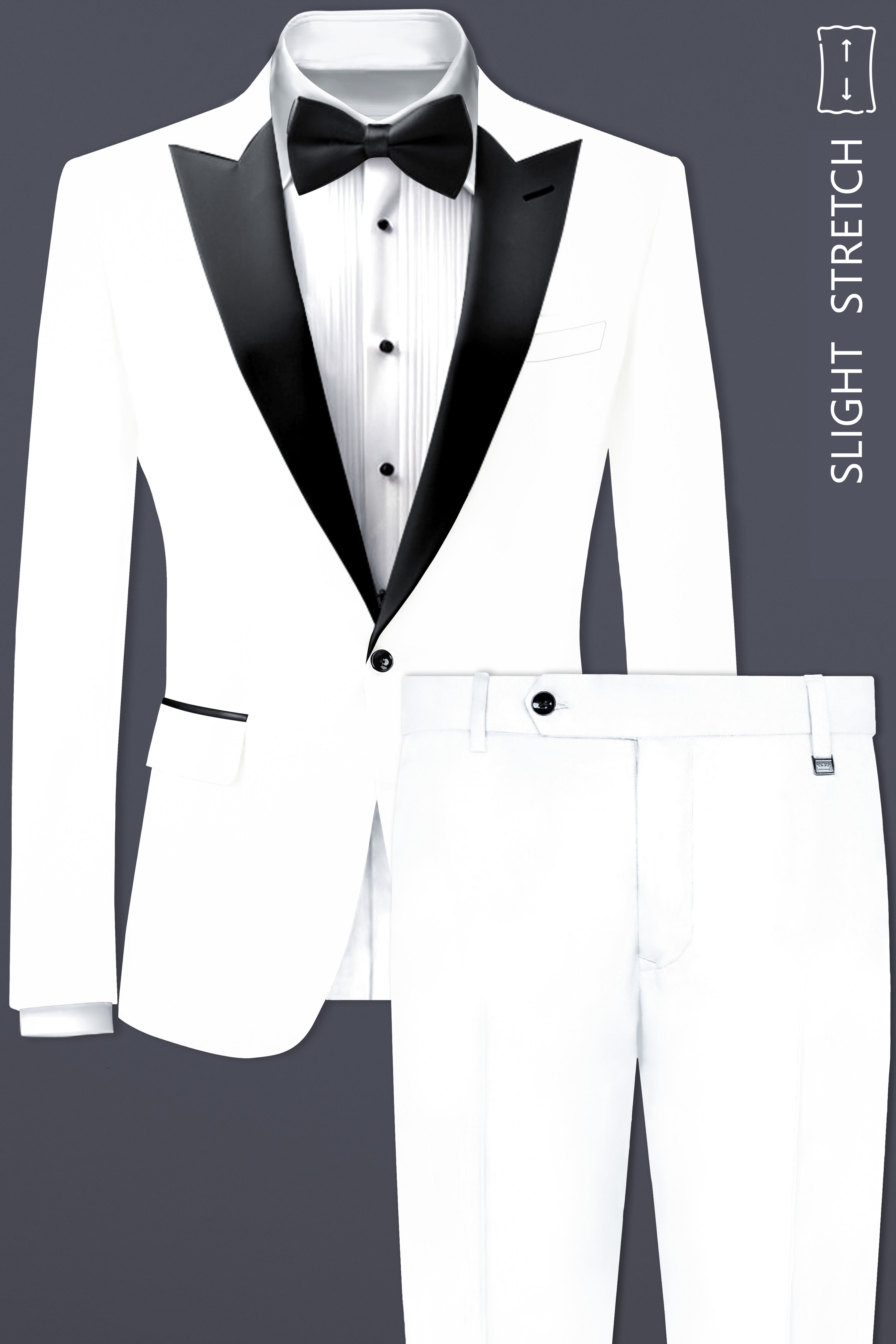 Off White Solid Wool Rich Peak Lapel Tuxedo Slight Stretch Suit