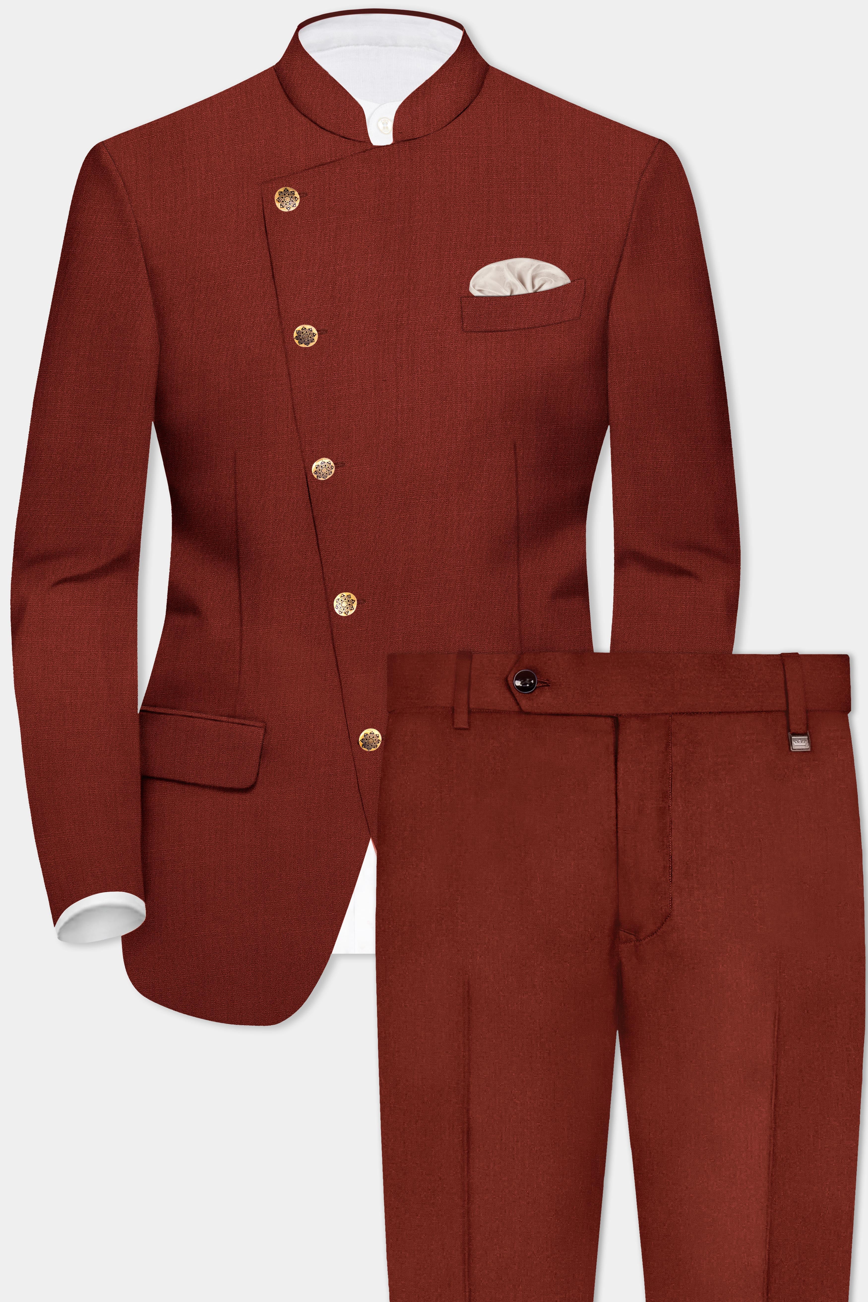 Inferno Rust-Brick Red Solid Wool Rich Cross Placket Bandhgala Stretchable traveler Suit