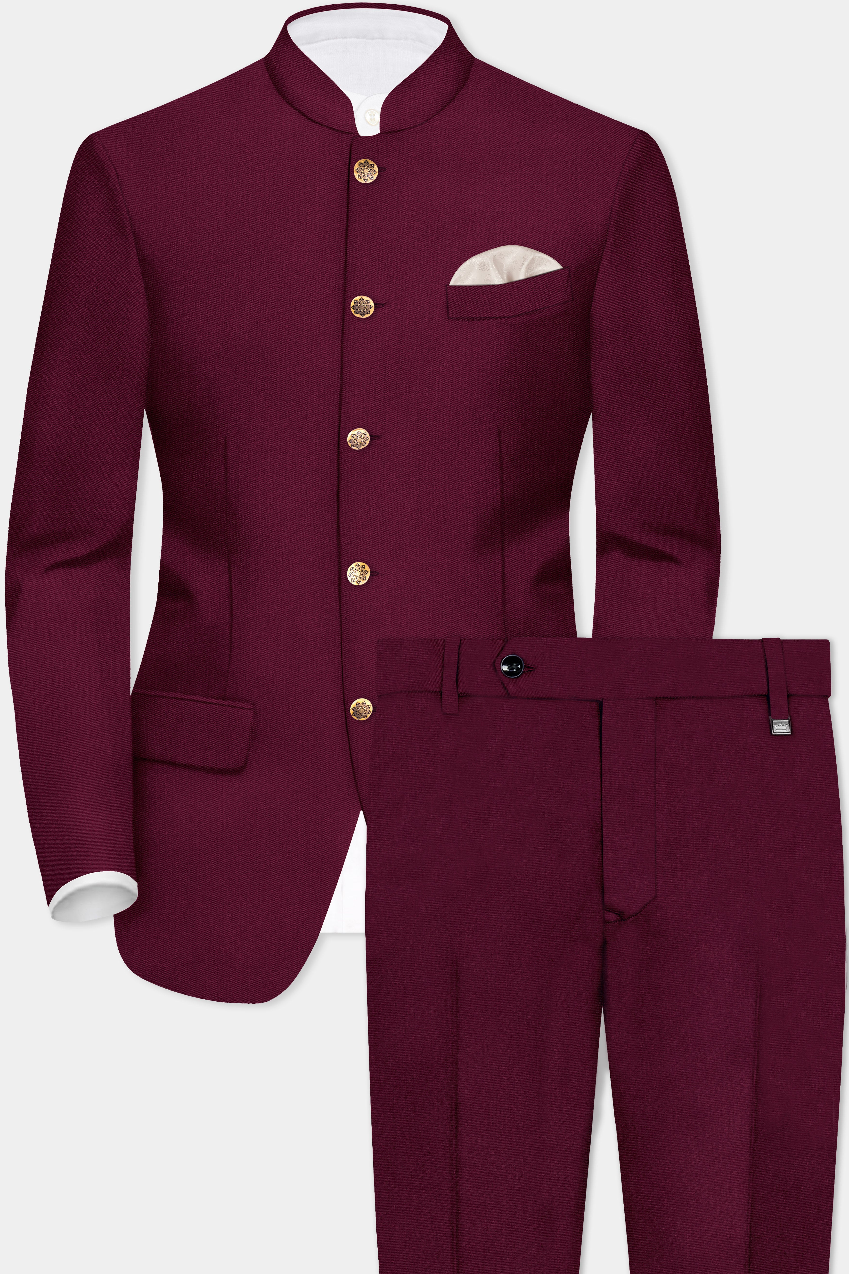 Regal Maroon-Tamarind Solid Wool Rich Bandhgala Stretchable traveler Suit