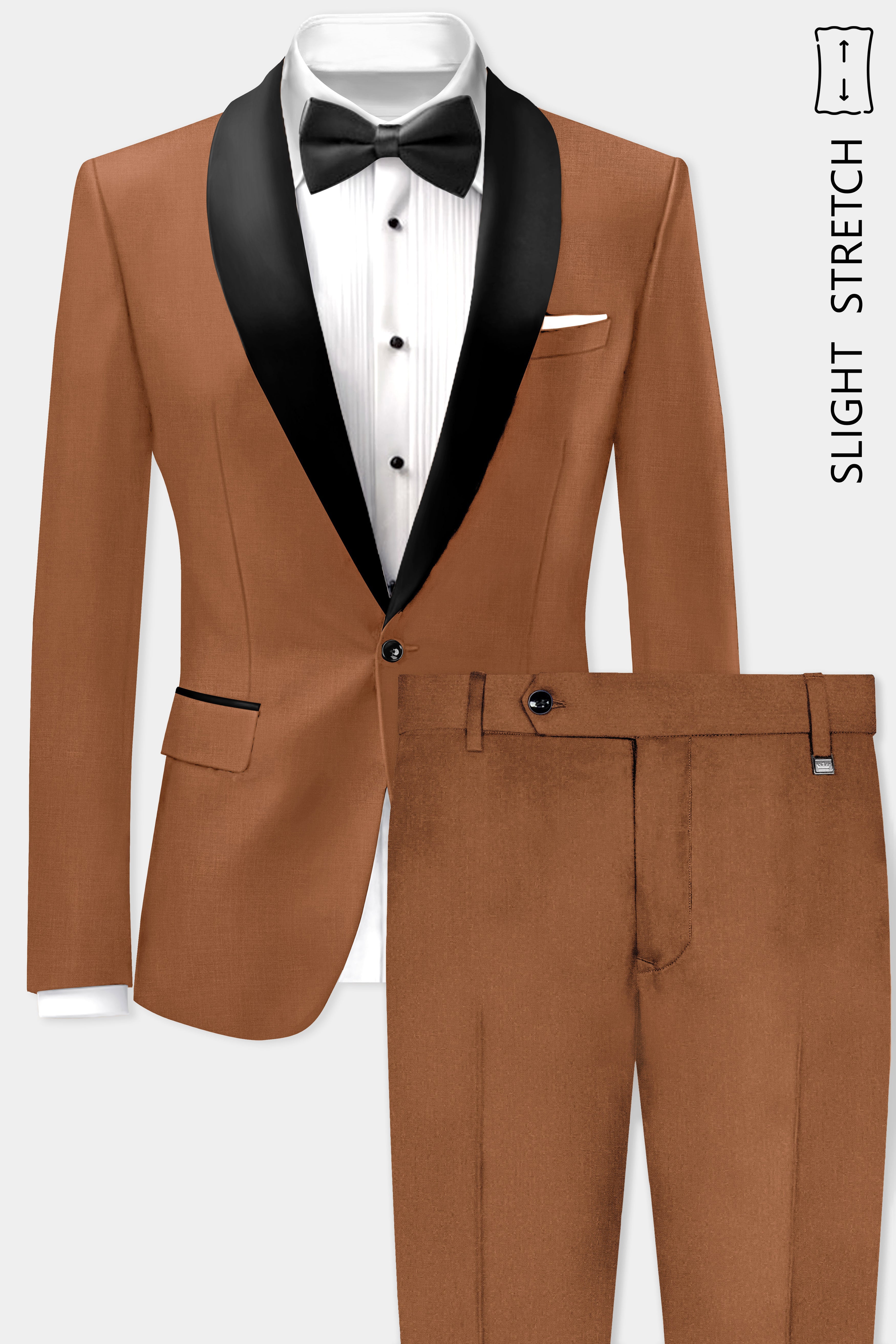Cinnamon Oak-Sienna Brown Solid Wool Rich Tuxedo Slight Stretch Suit