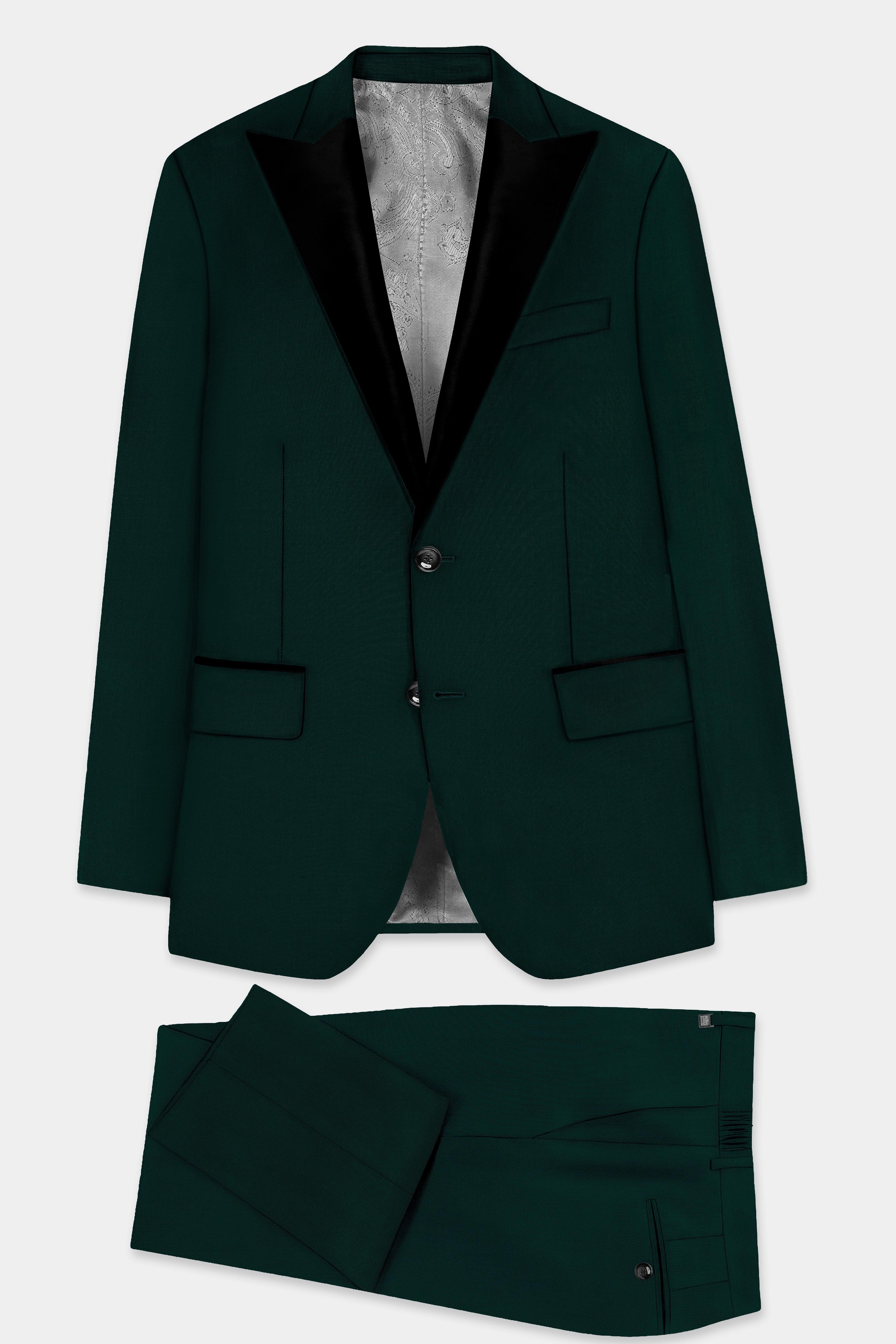 Emerald-Zucchini Green Solid Wool Rich Peak Lapel Tuxedo Slight Stretch Suit